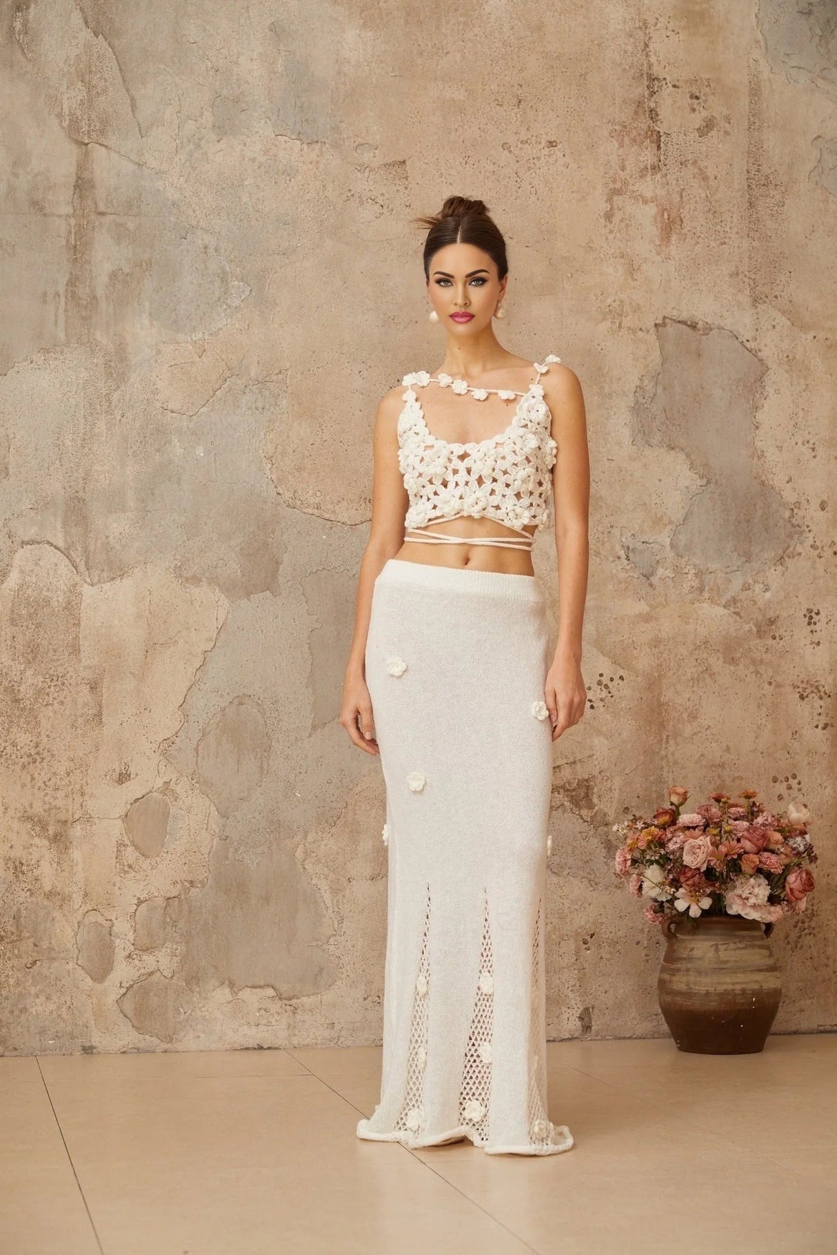 Chloe Top & Skirt Set Floral Crochet Appliqu Cut - Out Design White Elegance