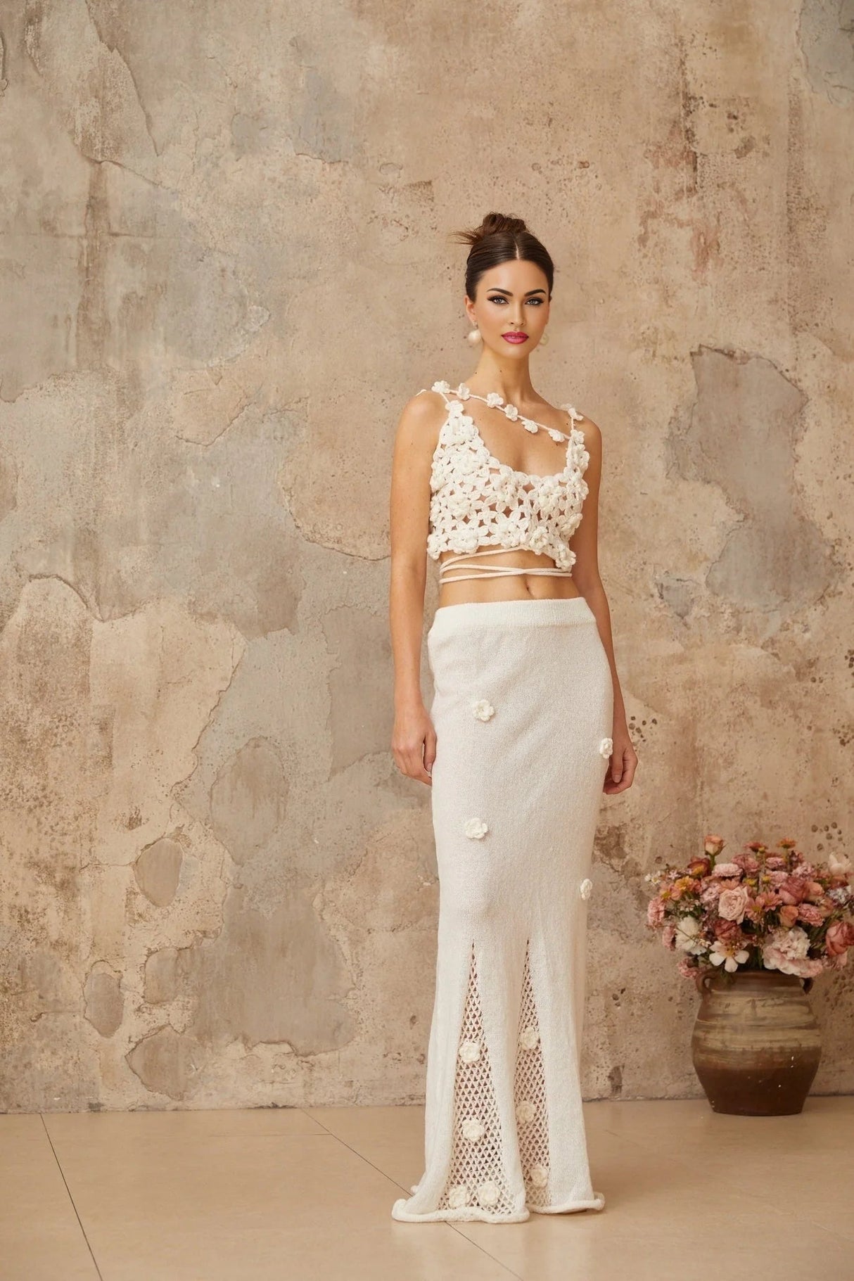 Chloe Top & Skirt Set Floral Crochet Appliqu Cut - Out Design White Elegance