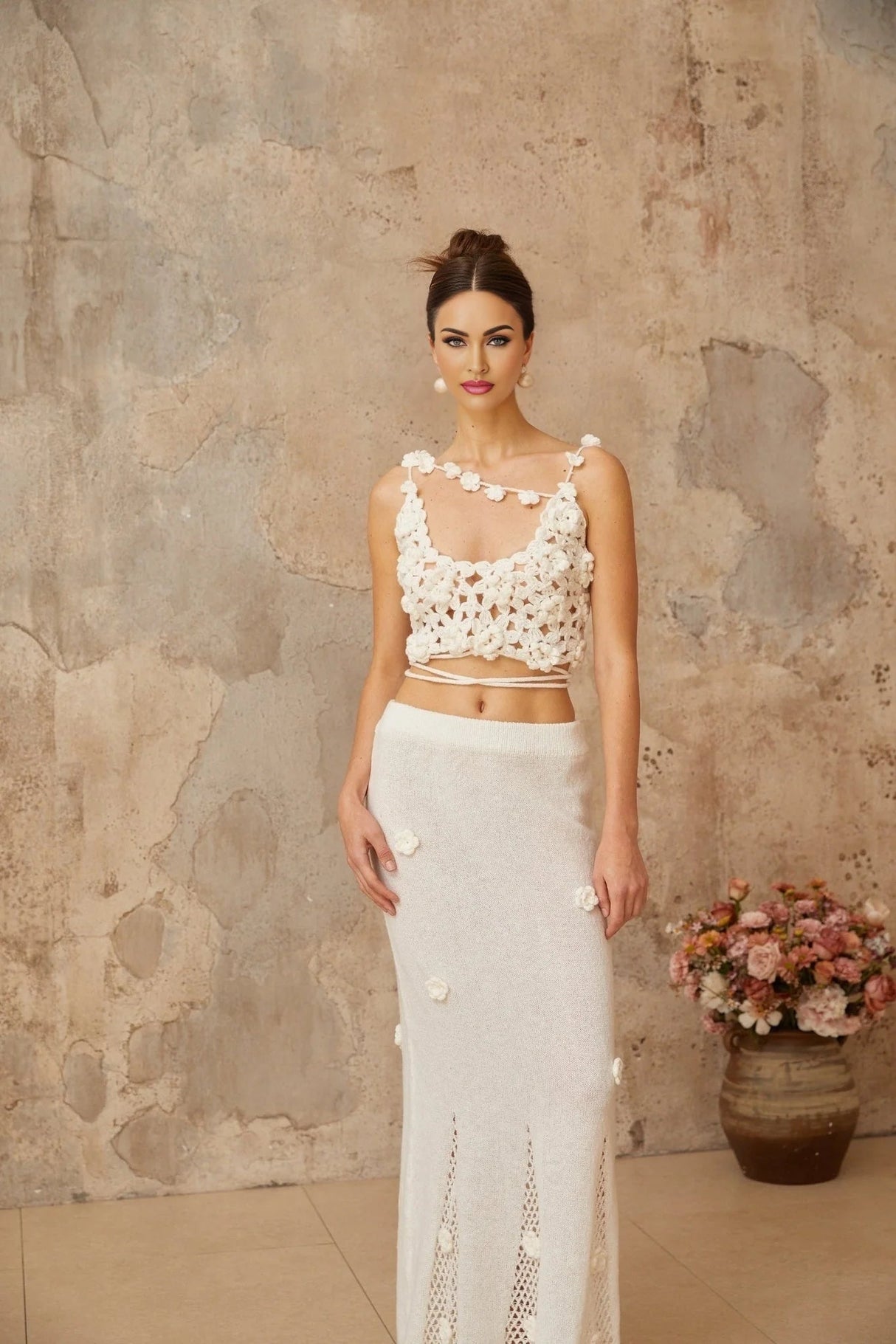 Chloe Top & Skirt Set Floral Crochet Appliqu Cut - Out Design White Elegance