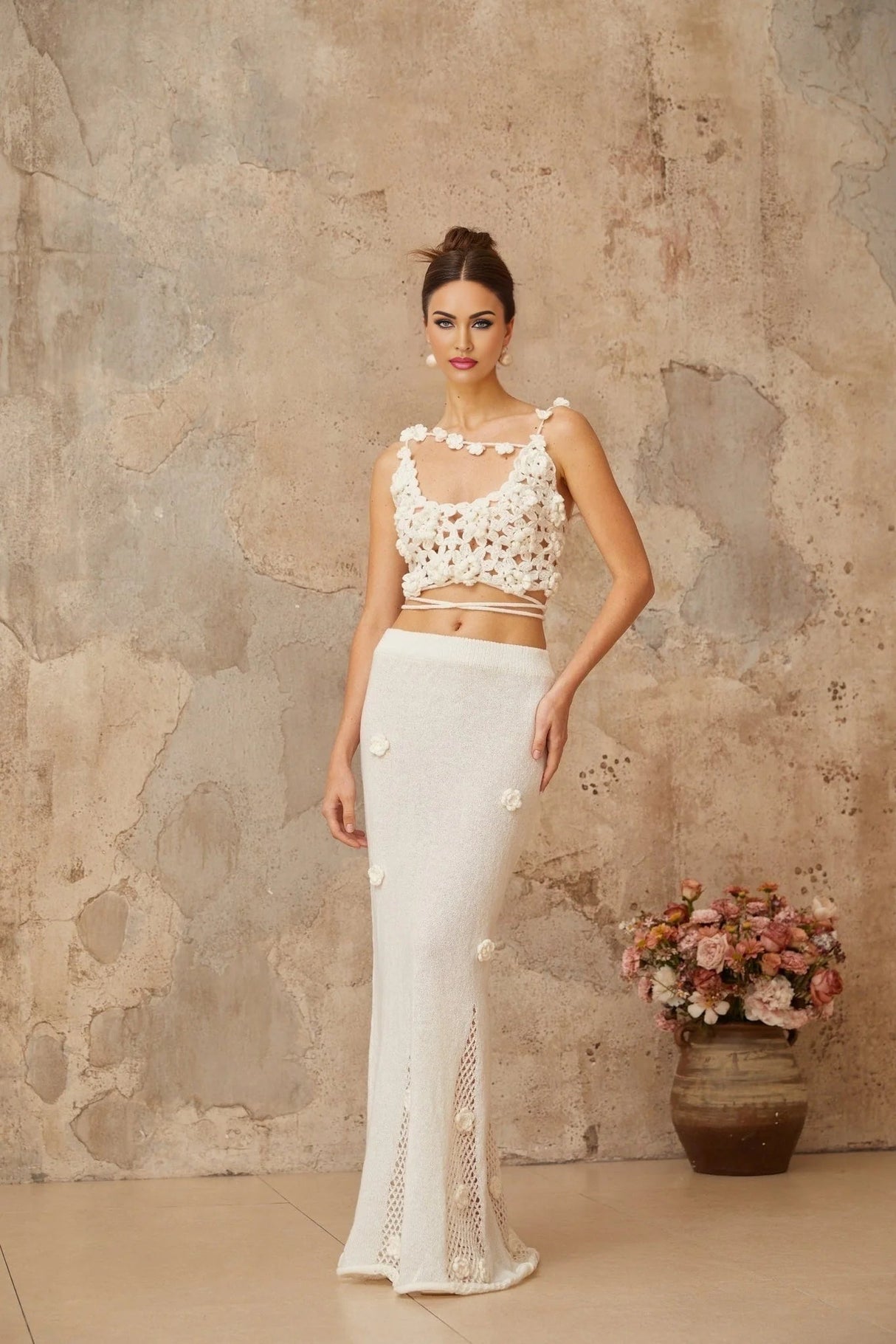 Chloe Top & Skirt Set Floral Crochet Appliqu Cut - Out Design White Elegance
