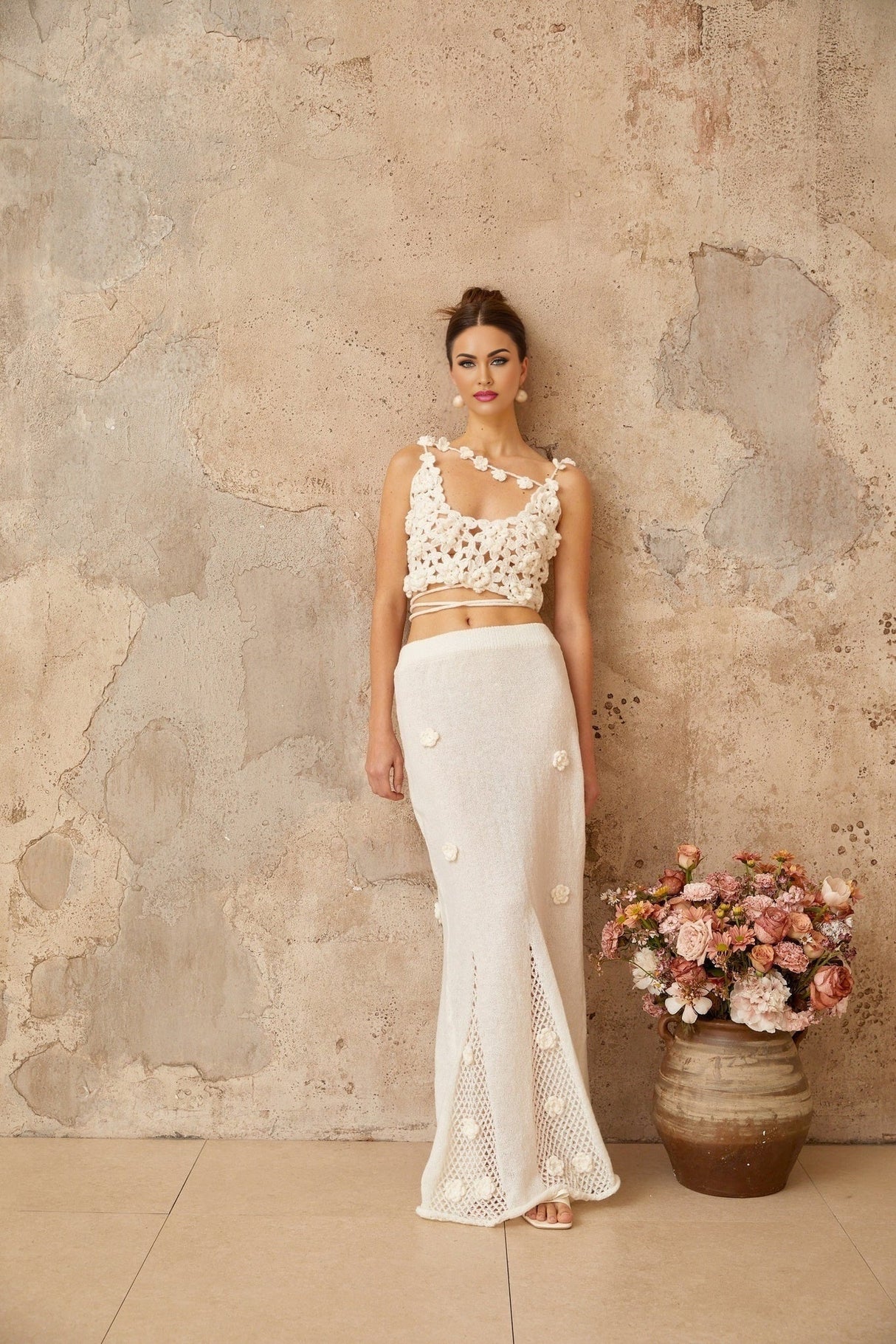 Chloe Top & Skirt Set Floral Crochet Appliqu Cut - Out Design White Elegance
