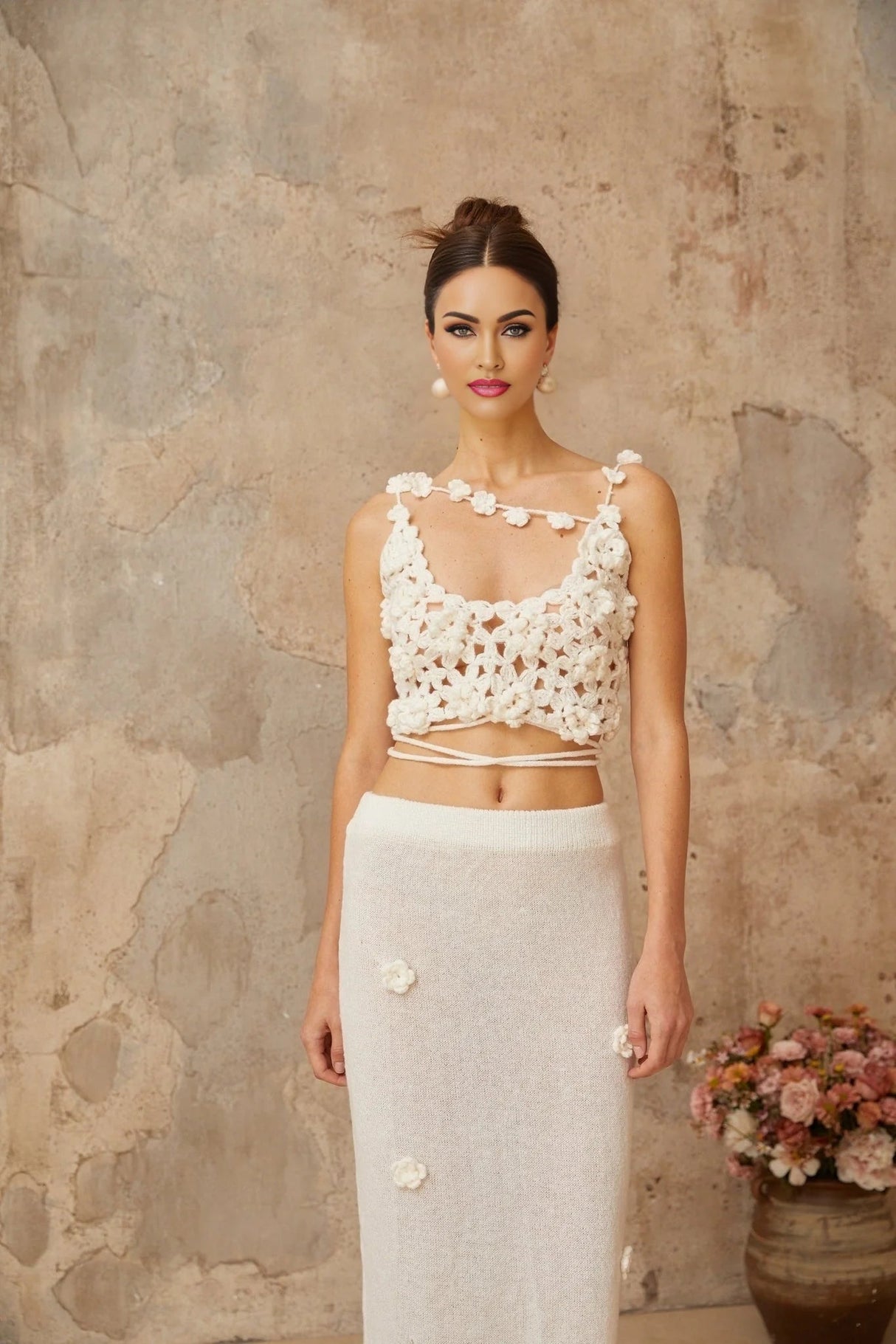 Chloe Top & Skirt Set Floral Crochet Appliqu Cut - Out Design White Elegance