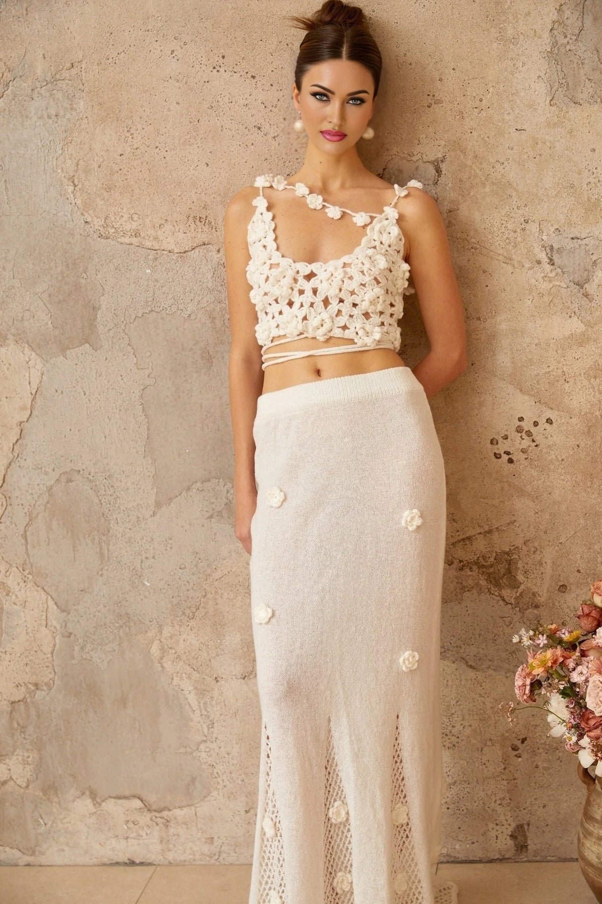 Chloe Top & Skirt Set Floral Crochet Appliqu Cut - Out Design White Elegance