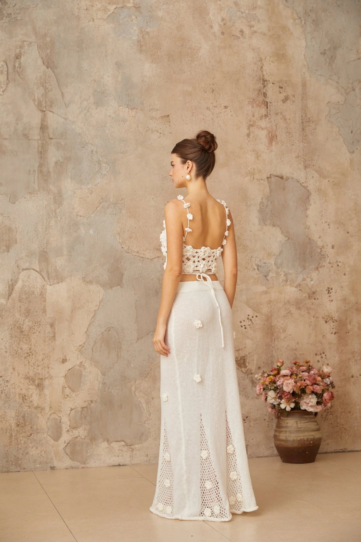 Chloe Top & Skirt Set Floral Crochet Appliqu Cut - Out Design White Elegance