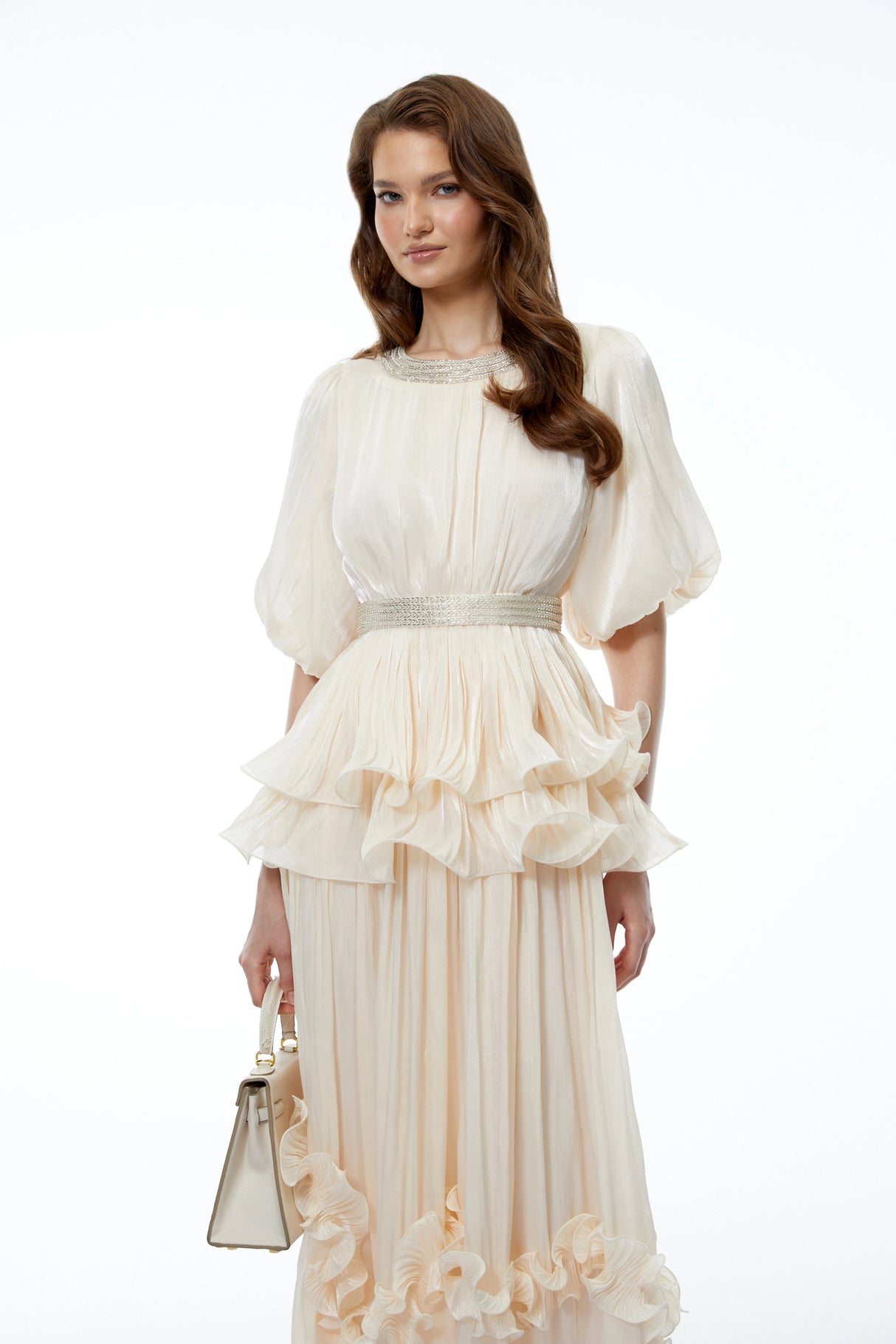 Chryseis Cream Round Neck Ruffled Maxi Dress