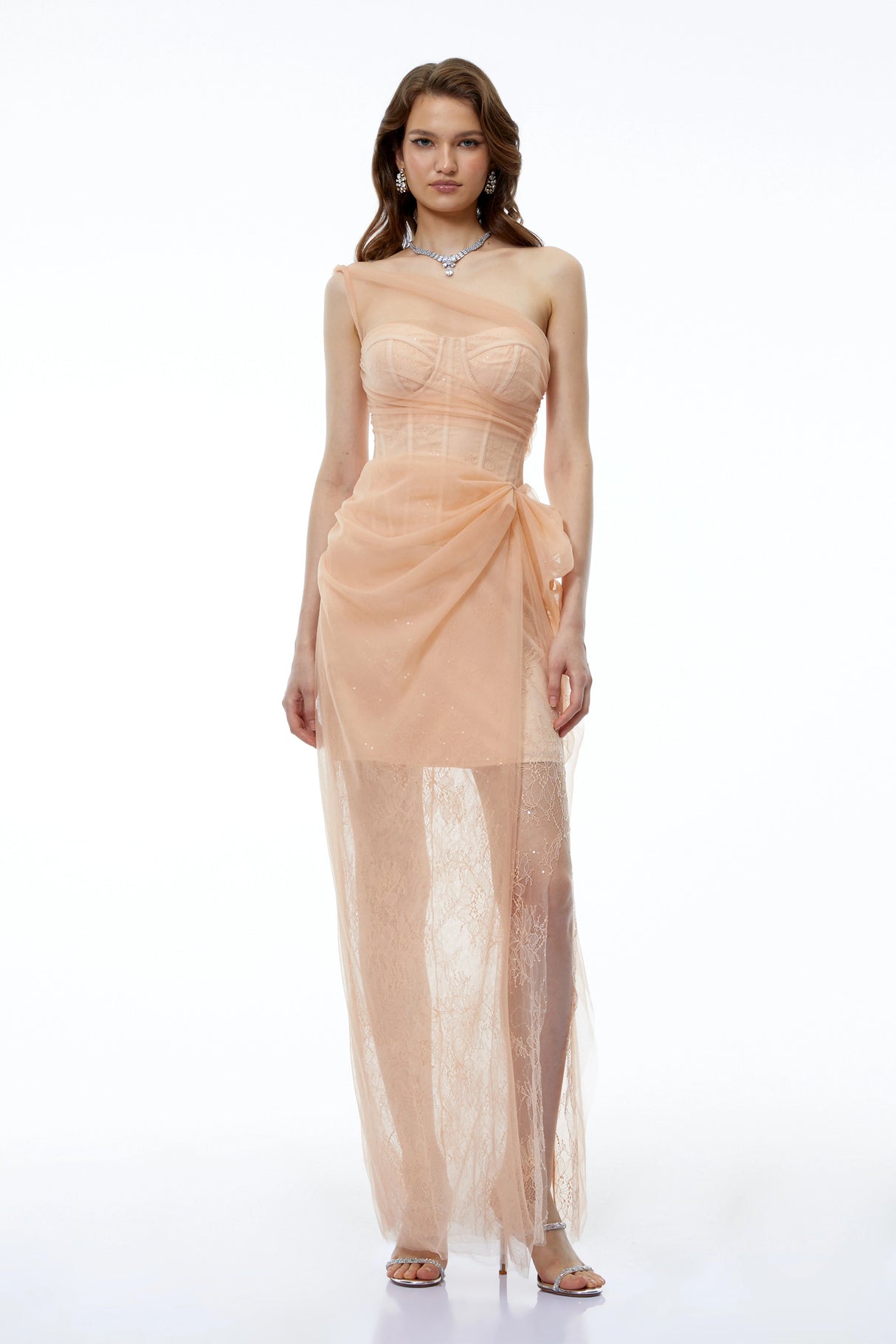 Ciel Neutral Asymmetrical Slit Ruched Maxi Dress