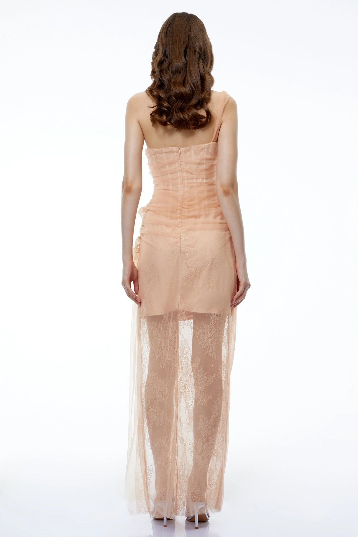 Ciel Neutral Asymmetrical Slit Ruched Maxi Dress
