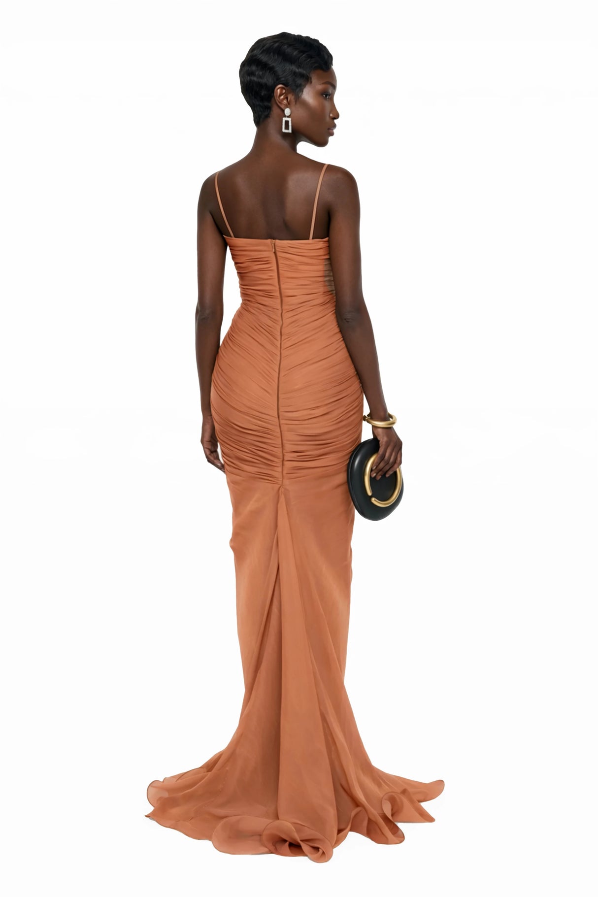 Cíntia Camel Ruched Maxi Dress with 3D Florals