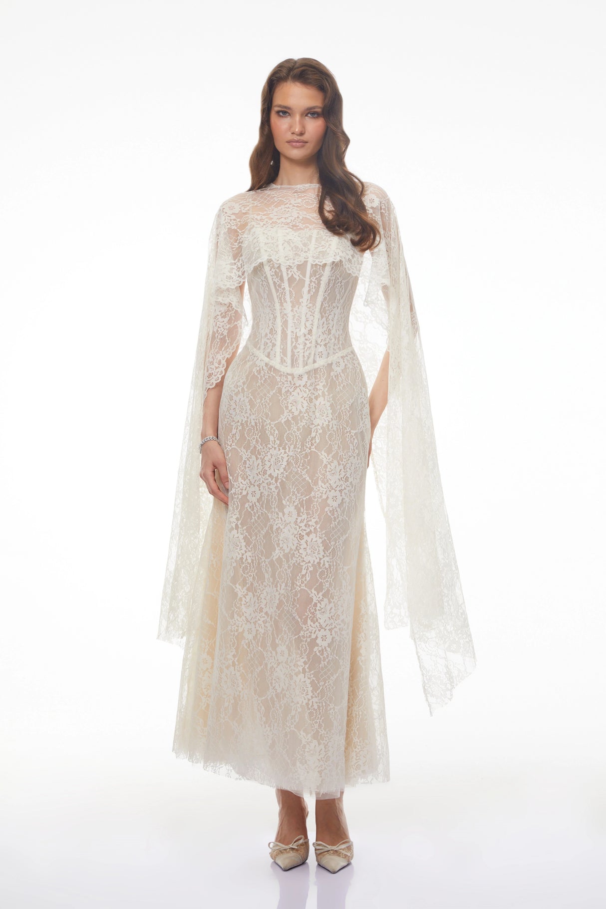 Cinzia Beige Sweetheart Lace Maxi Dress