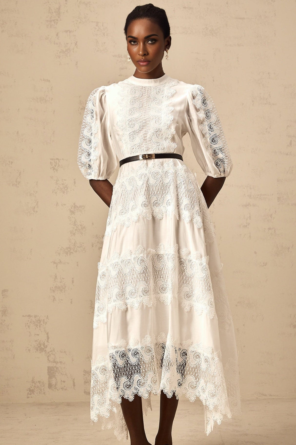 Cinzia Midi Dress - Crew Neck - Half Puff Sleeves - Belted Waist - Lace Trim