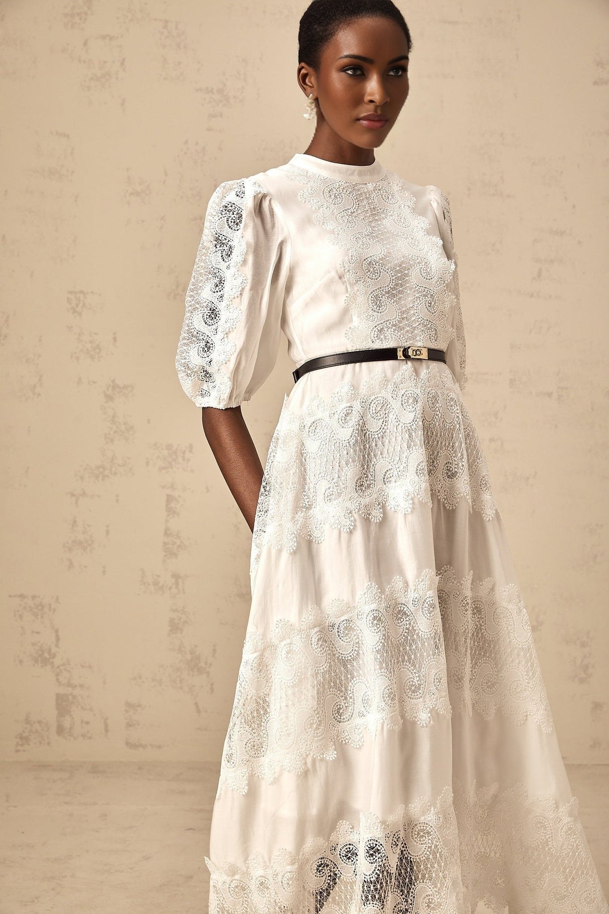 Cinzia Midi Dress - Crew Neck - Half Puff Sleeves - Belted Waist - Lace Trim