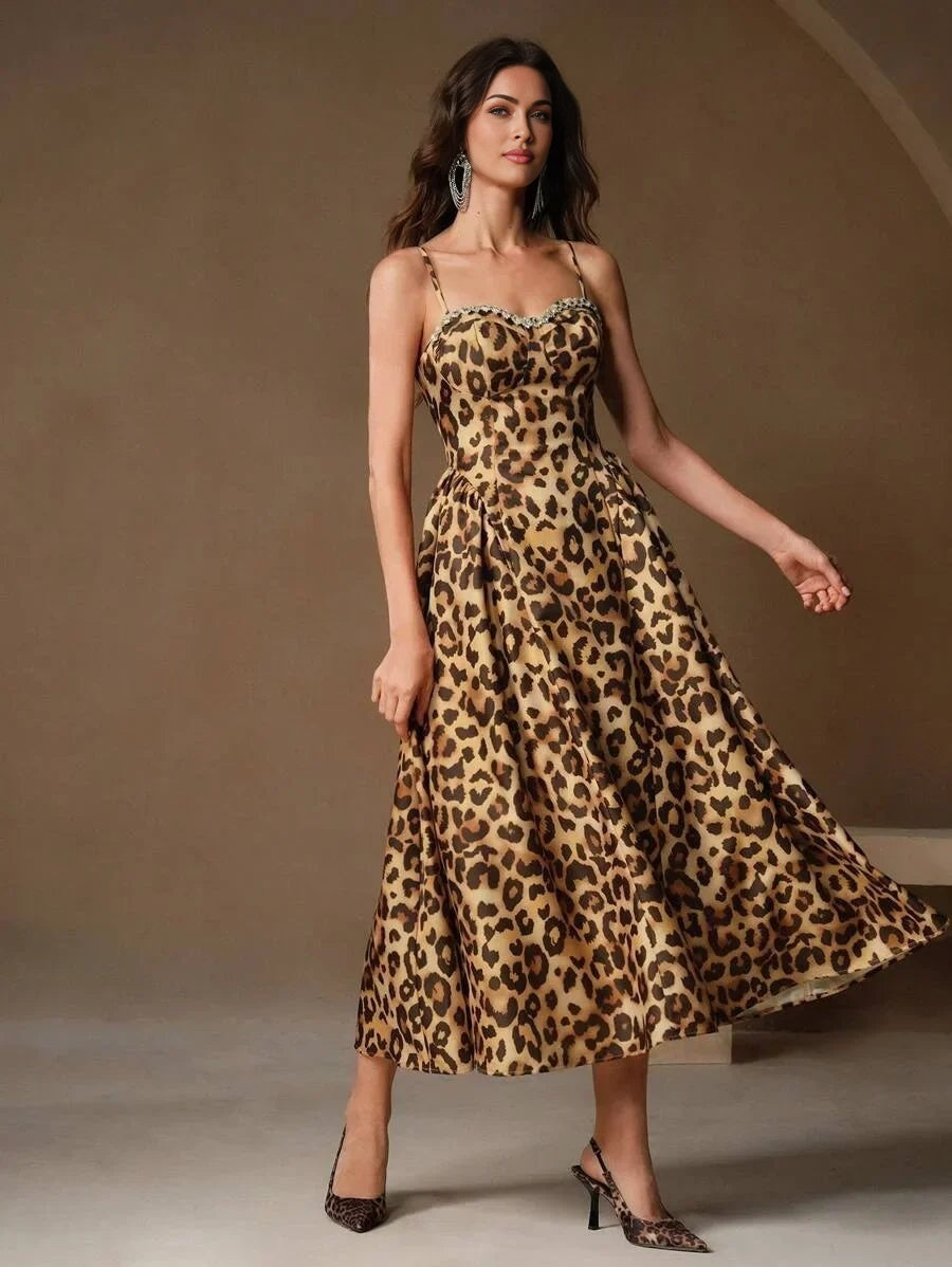 Cinzia Midi Dress - Spaghetti Strap - Flared Hem - High Waist - Elegant Style