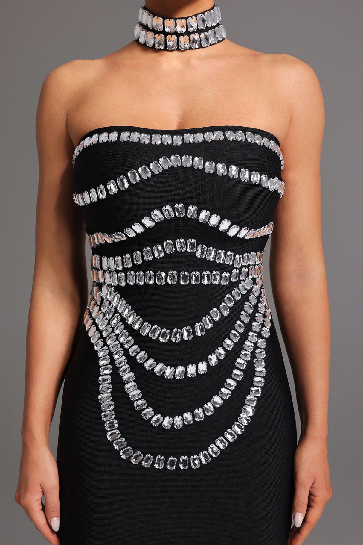Cinzietta Black Sleeveless Strapless Diamond Embellished Fit Feel Dress