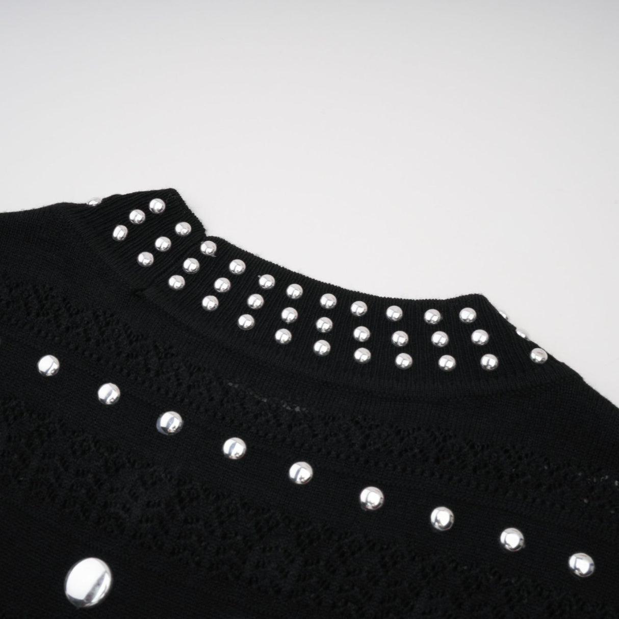 Cinzietta Maxi Dress - Crochet Knit - Crew Neck Style - Stud Embellishments - Ruffled Hem