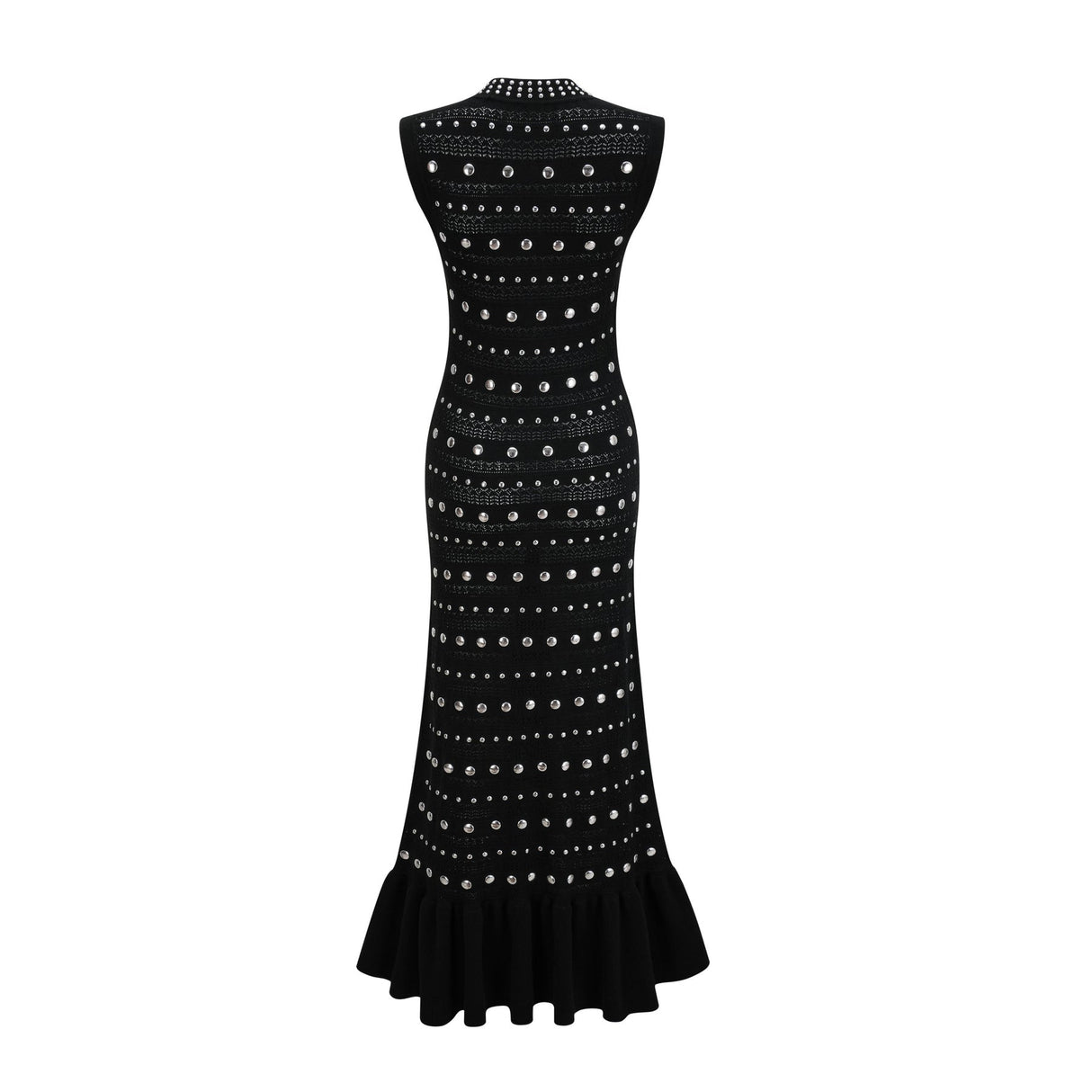 Cinzietta Maxi Dress - Crochet Knit - Crew Neck Style - Stud Embellishments - Ruffled Hem