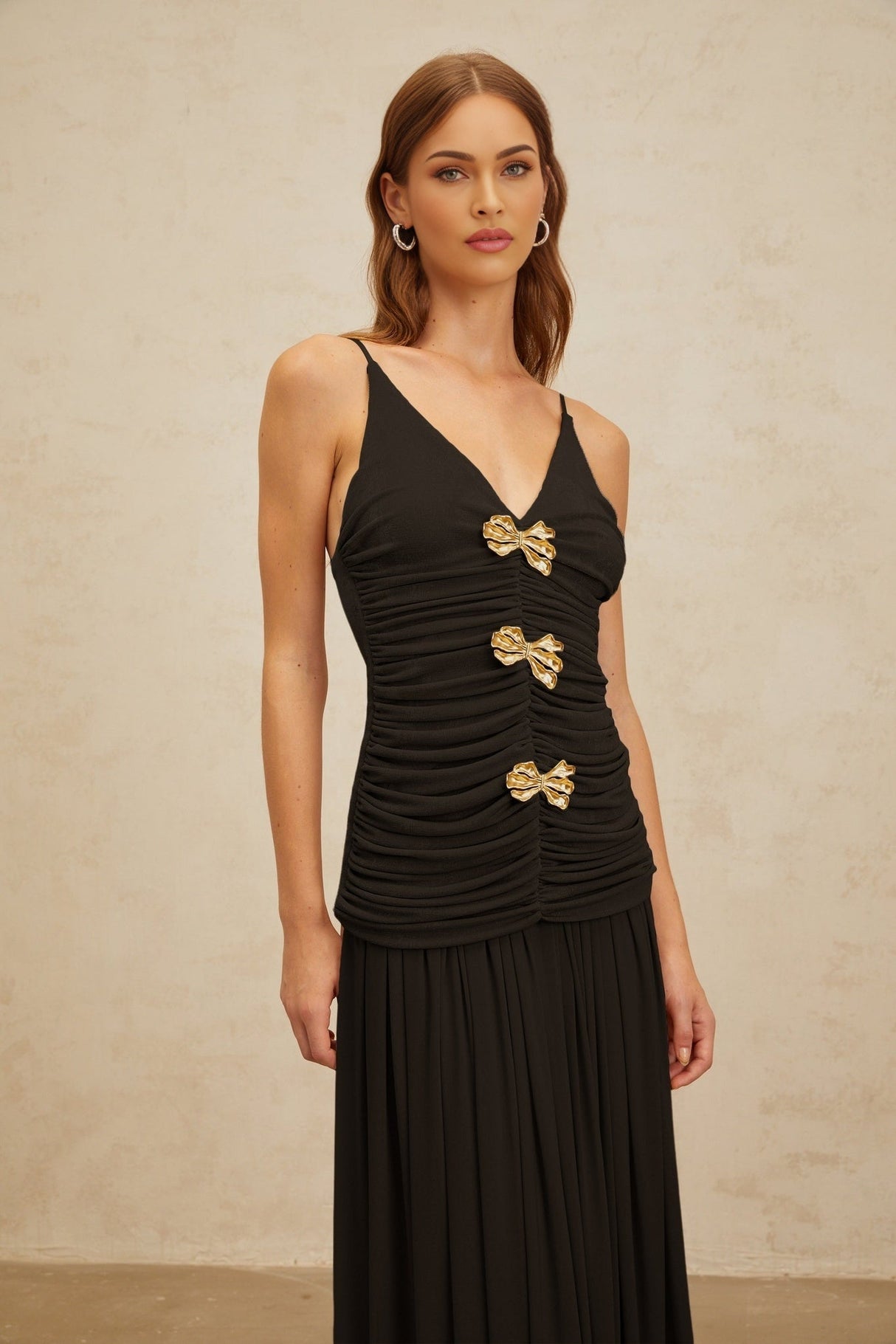 Cinzietta Top & Skirt - V - Neck - Pleated Detailing - Adjustable Straps - Ruched Detailing - Brooch Accent