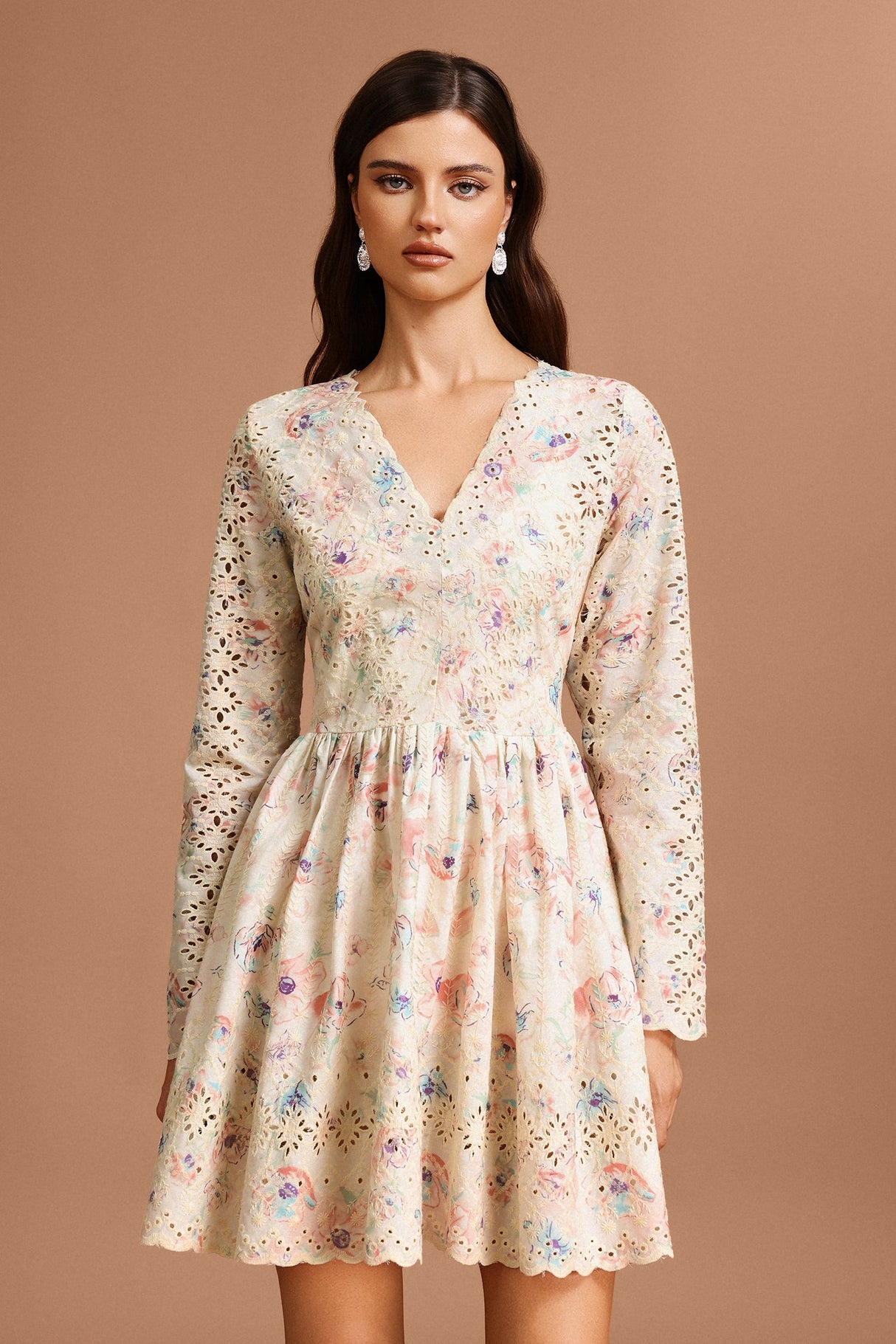 Claire Beige Floral Lace Mini Dress V-Neck Long Sleeve Fitted Bodice Flared Skirt