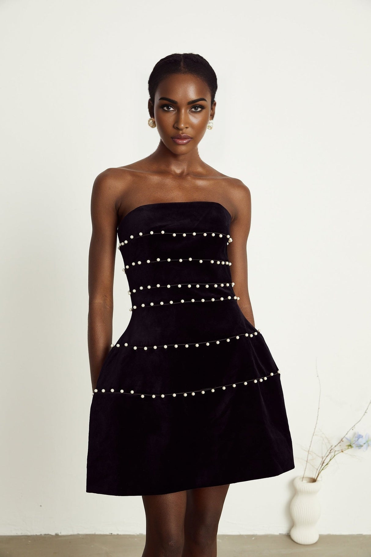 Claire Mini Dress - Strapless Design - Faux - Pearl Embellishment - Corset Style - Rear Zip Fastening - Thigh Length