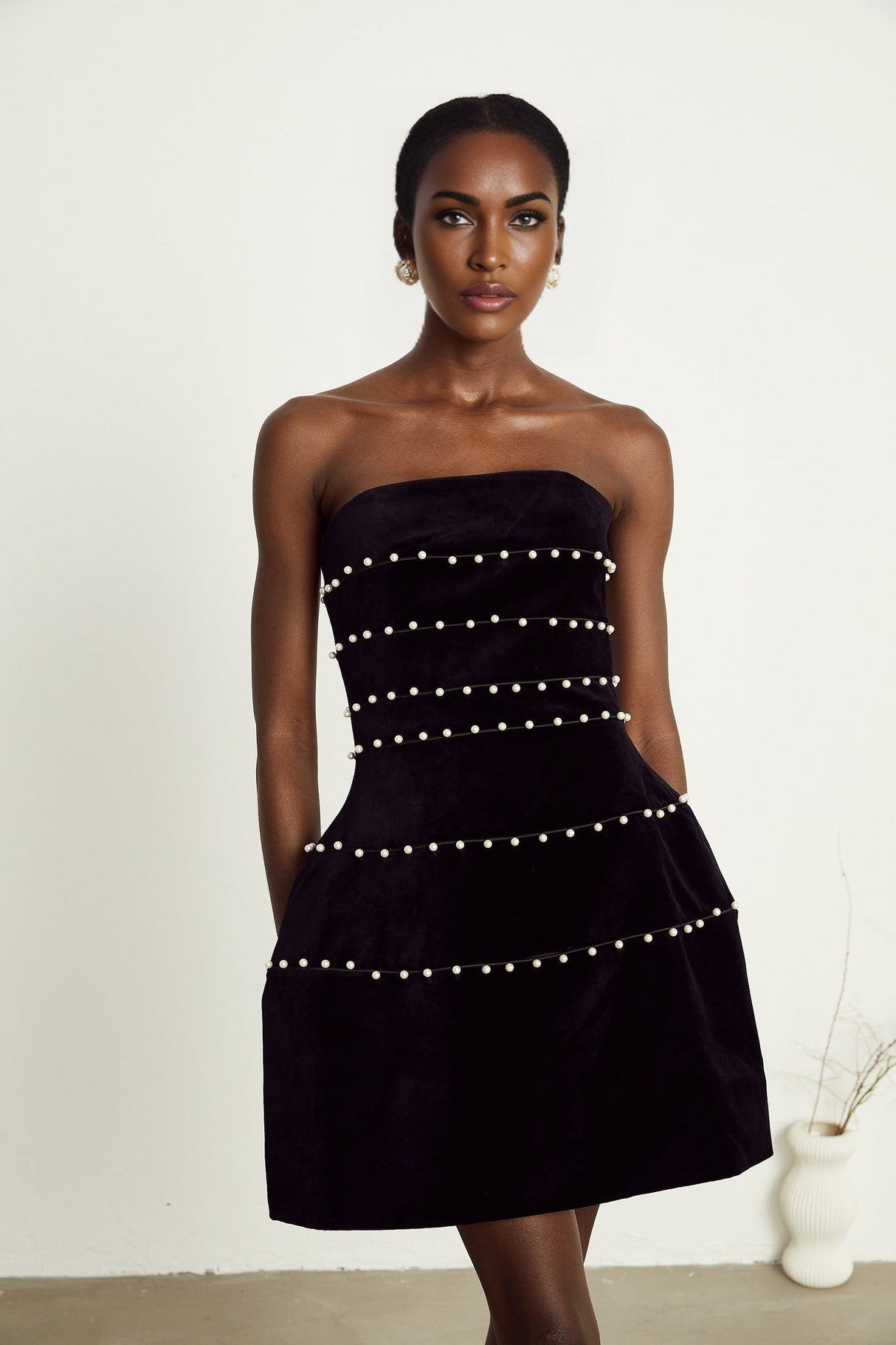 Claire Mini Dress - Strapless Design - Faux - Pearl Embellishment - Corset Style - Rear Zip Fastening - Thigh Length