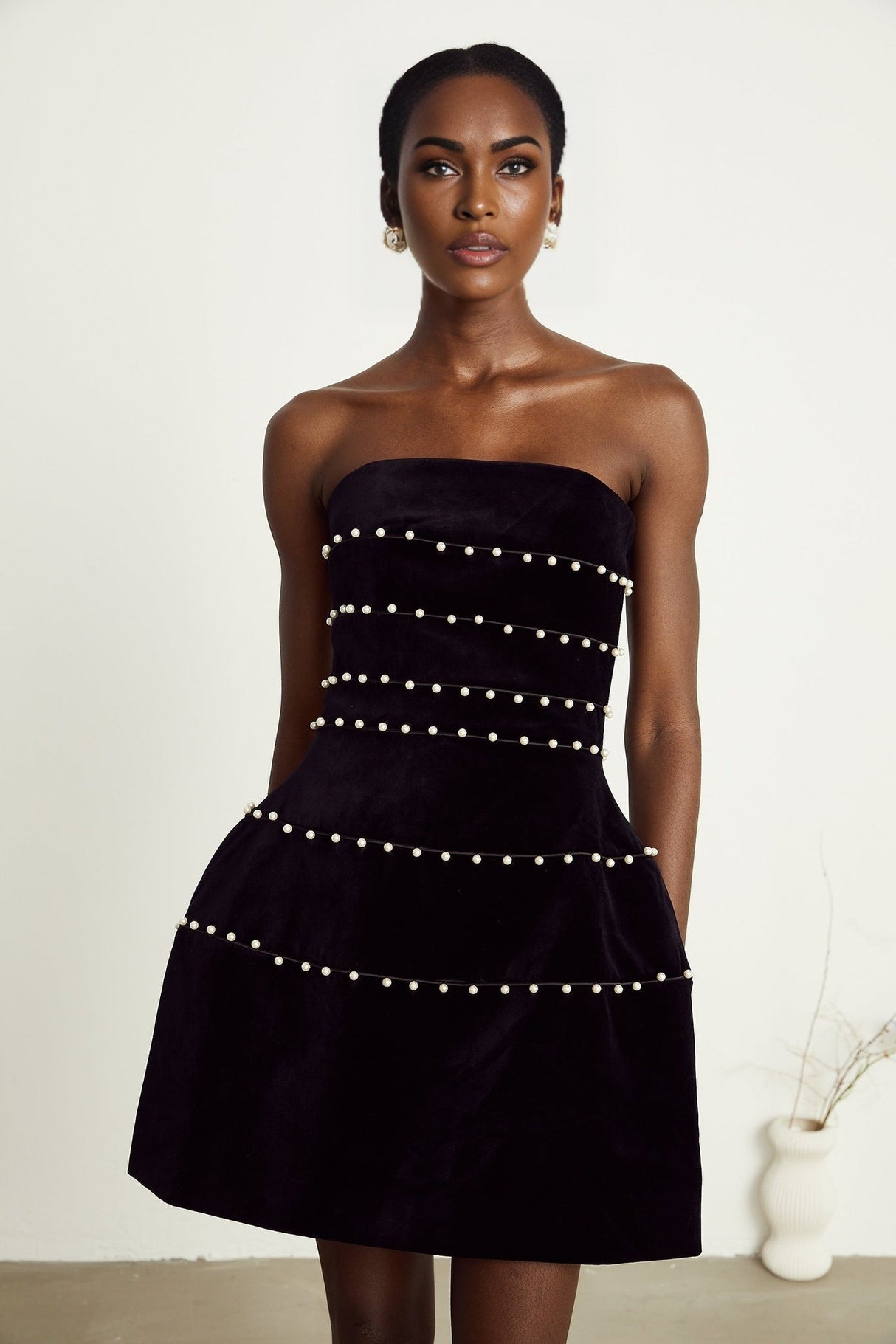 Claire Mini Dress - Strapless Design - Faux - Pearl Embellishment - Corset Style - Rear Zip Fastening - Thigh Length