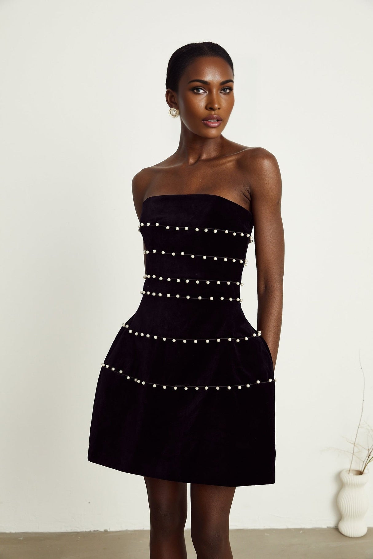 Claire Mini Dress - Strapless Design - Faux - Pearl Embellishment - Corset Style - Rear Zip Fastening - Thigh Length