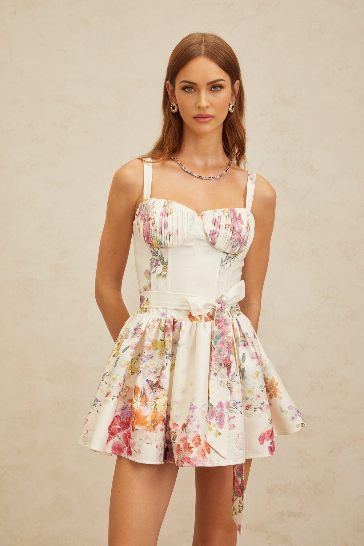 Claire Mini Dress - Sweetheart Neckline - Cinched Waist - Floral Print - Flounce Skirt - Rear Zip Fastening