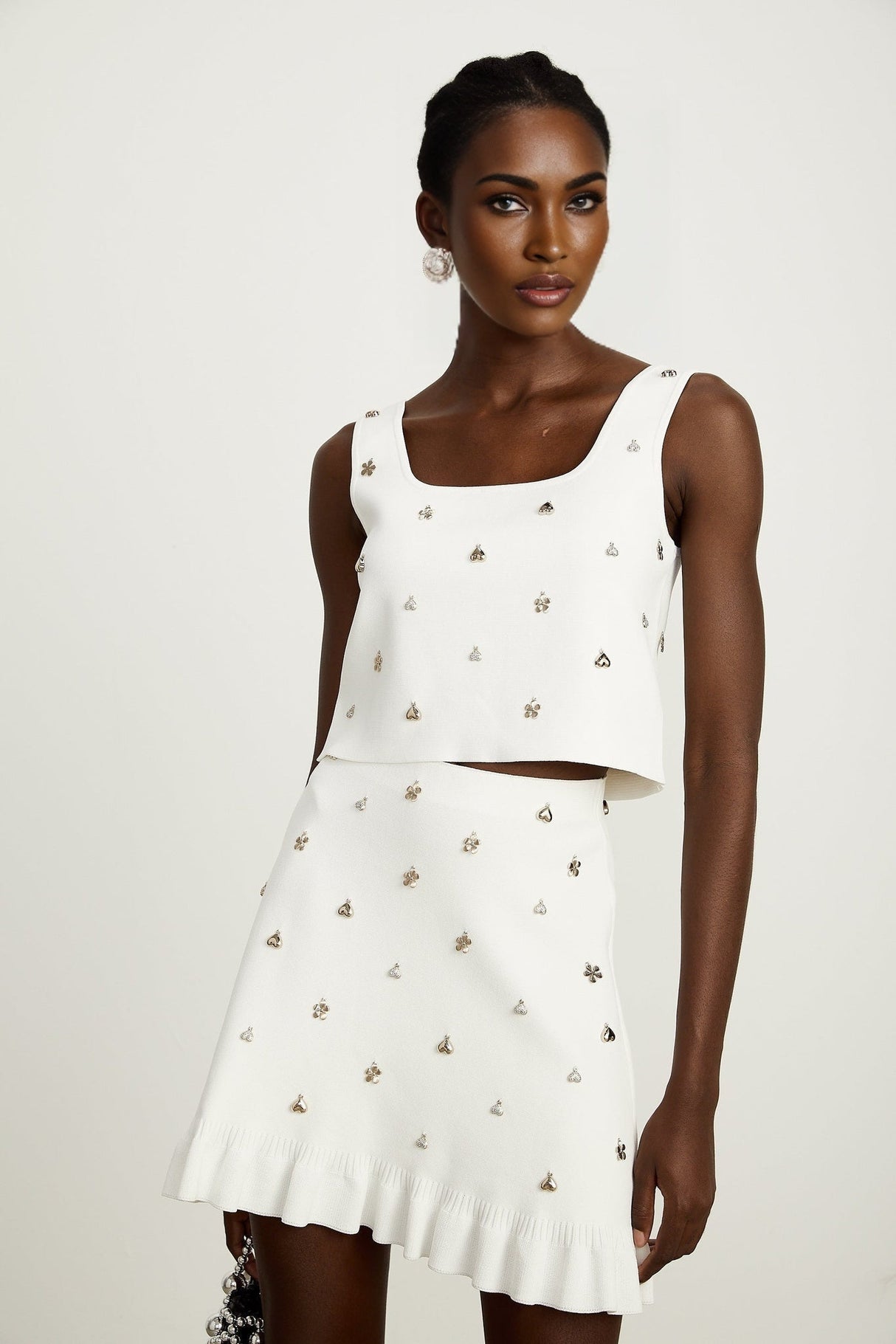 Claire Skirt & Top Set - Sleeveless Square Neck Top - Ruffled Hem Skirt - tone Hardware - Knitted Construction