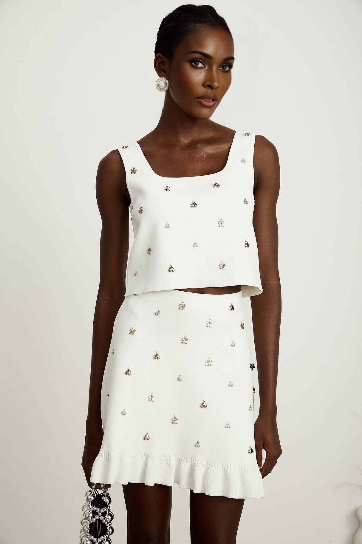 Claire Skirt & Top Set - Sleeveless Square Neck Top - Ruffled Hem Skirt - tone Hardware - Knitted Construction