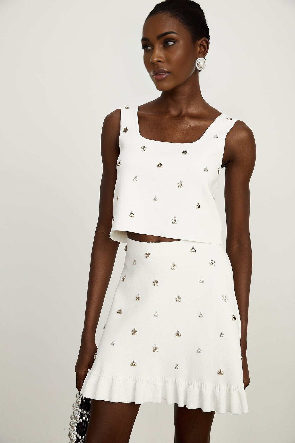 Claire Skirt & Top Set - Sleeveless Square Neck Top - Ruffled Hem Skirt - tone Hardware - Knitted Construction