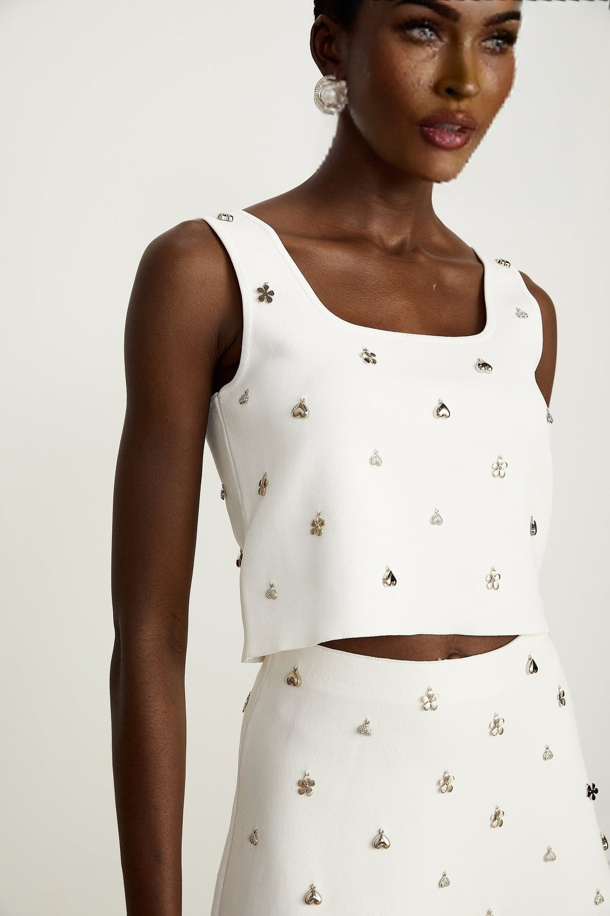 Claire Skirt & Top Set - Sleeveless Square Neck Top - Ruffled Hem Skirt - tone Hardware - Knitted Construction