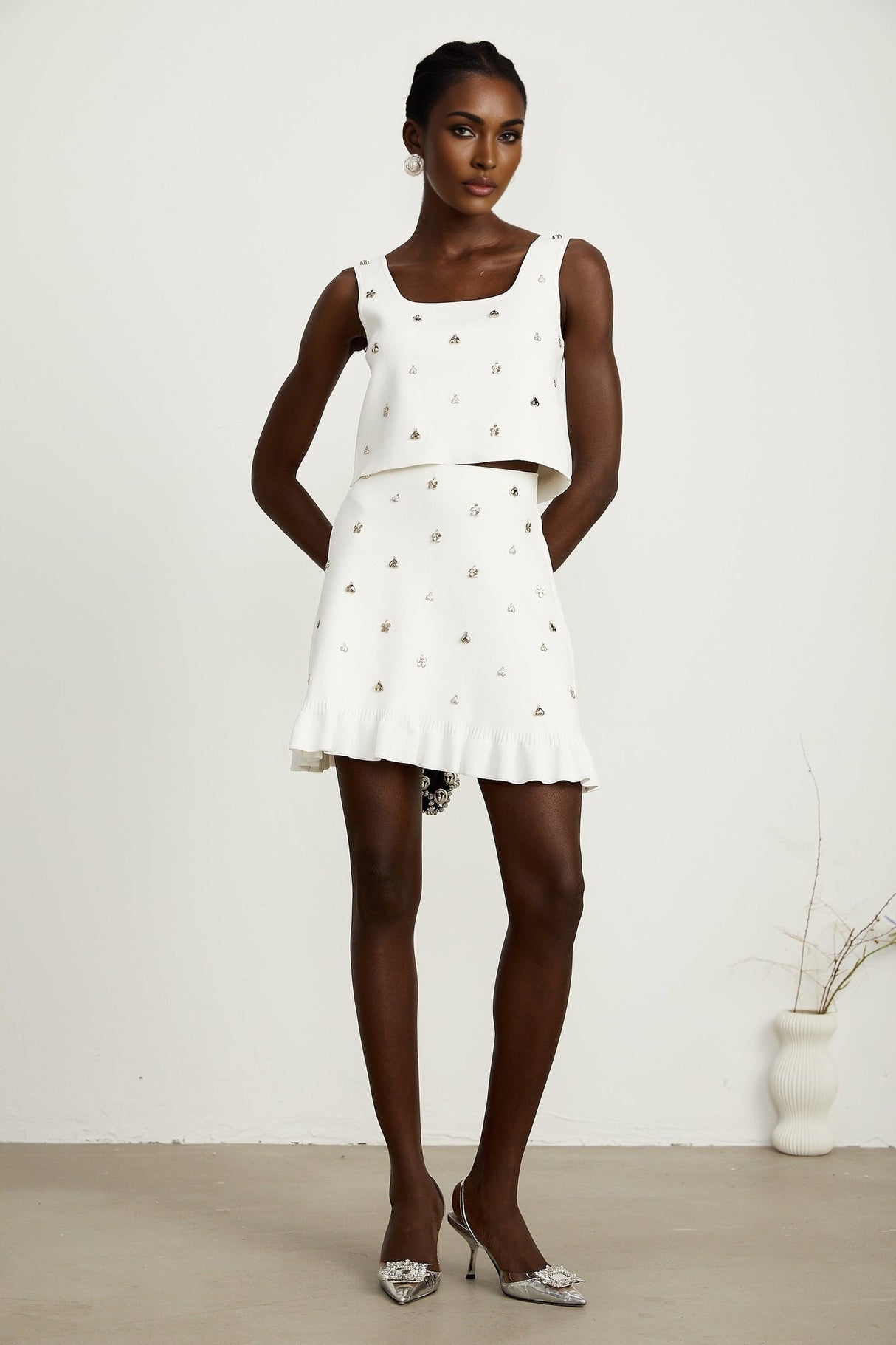 Claire Skirt & Top Set - Sleeveless Square Neck Top - Ruffled Hem Skirt - tone Hardware - Knitted Construction