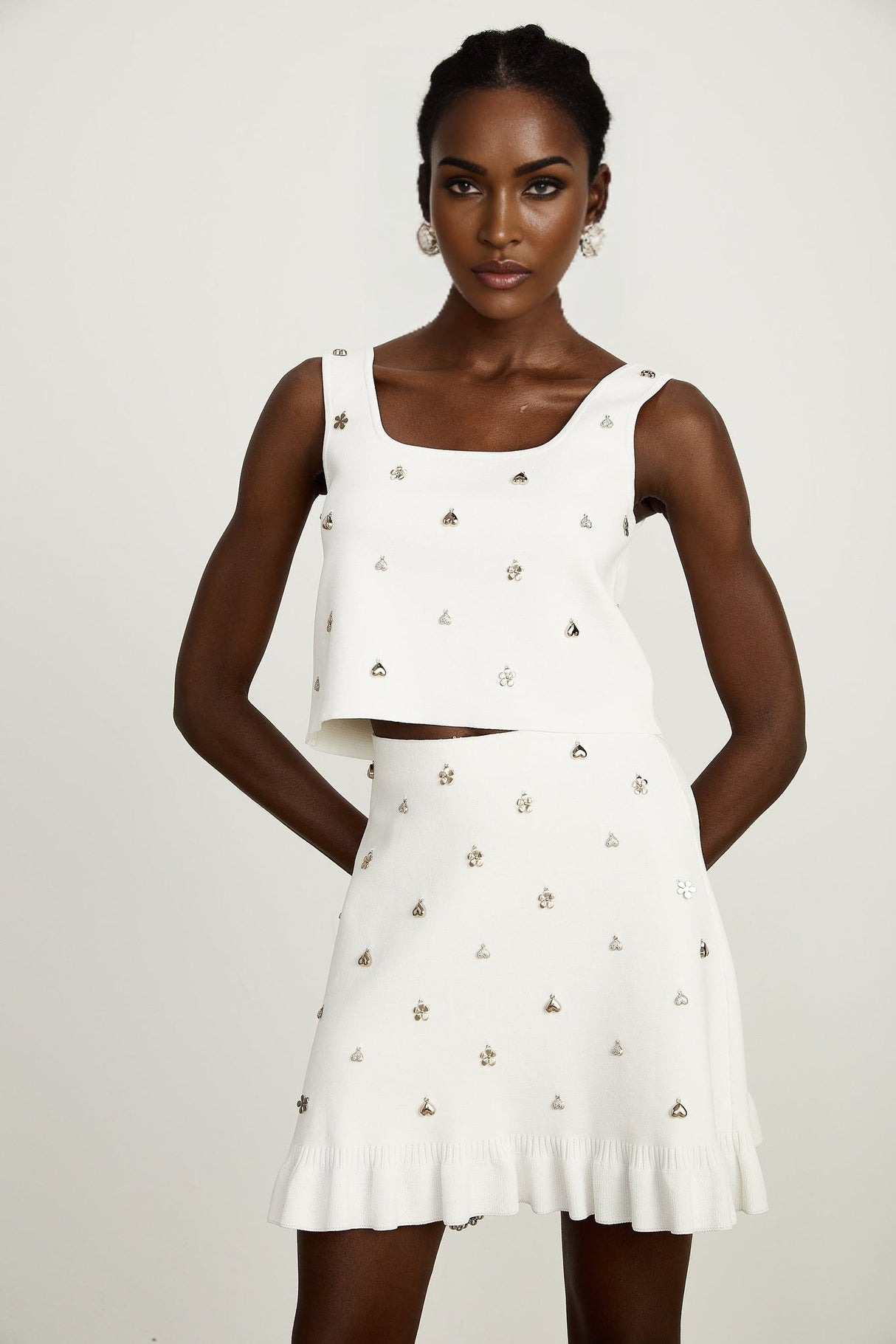 Claire Skirt & Top Set - Sleeveless Square Neck Top - Ruffled Hem Skirt - tone Hardware - Knitted Construction