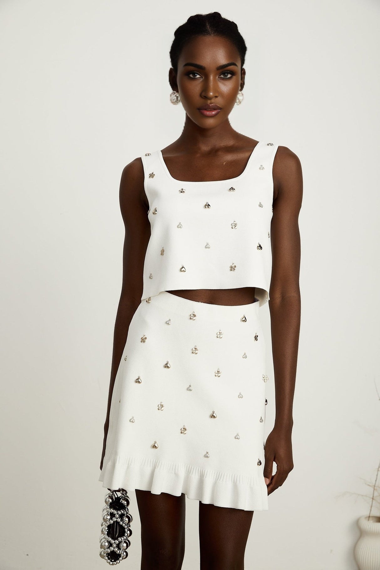 Claire Skirt & Top Set - Sleeveless Square Neck Top - Ruffled Hem Skirt - tone Hardware - Knitted Construction