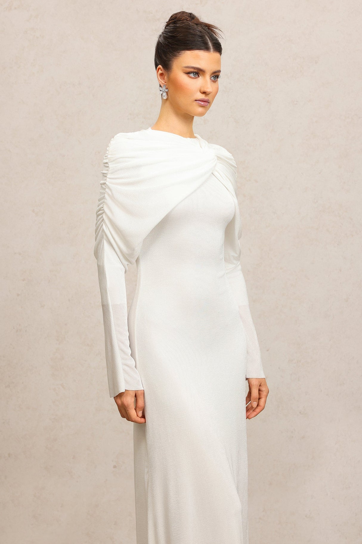 Claire White Elegant Fashion Dress Round Neckline Long Sleeves Asymmetric Folds Soft Flowing Fabric Flattering Silhouette
