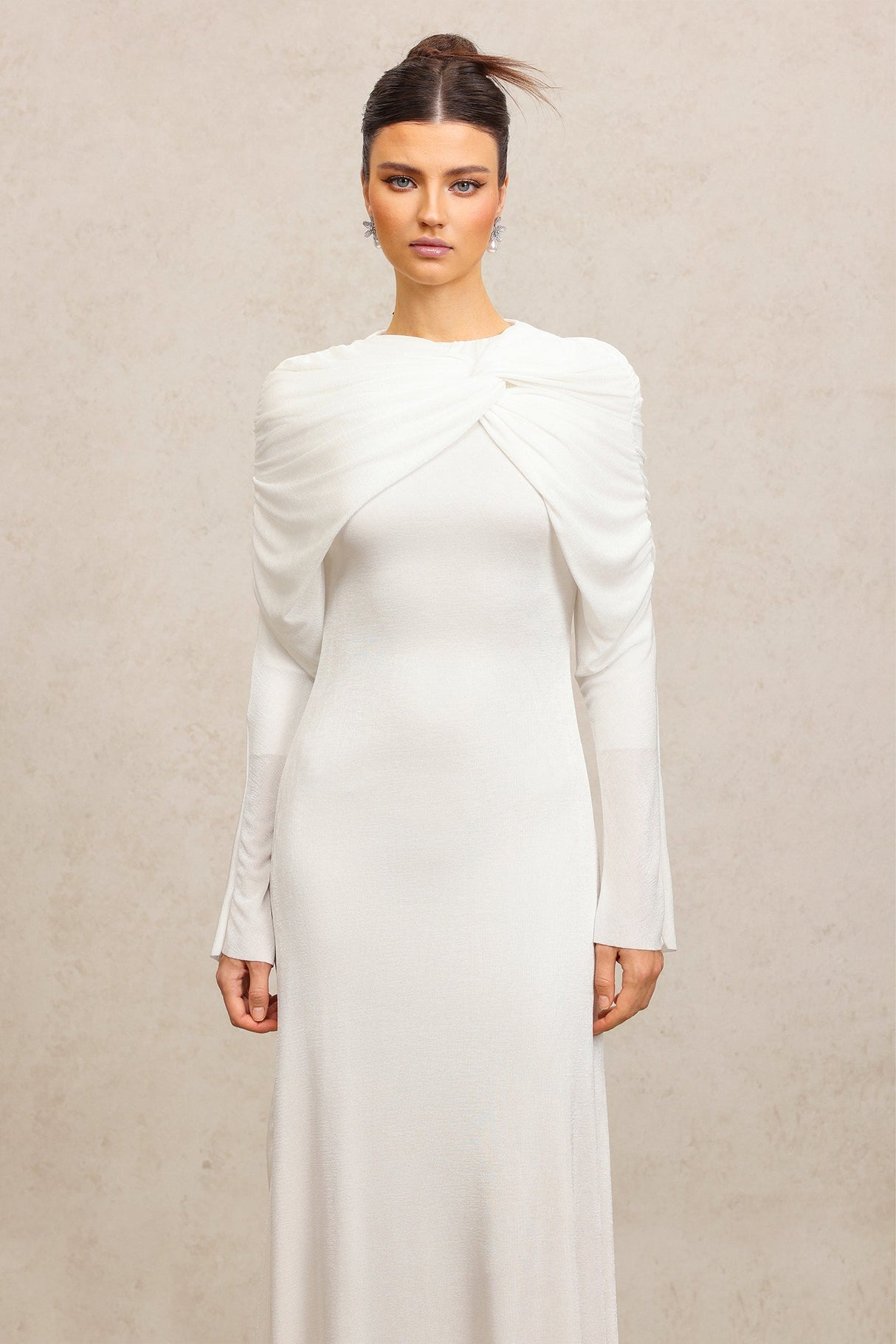 Claire White Elegant Fashion Dress Round Neckline Long Sleeves Asymmetric Folds Soft Flowing Fabric Flattering Silhouette