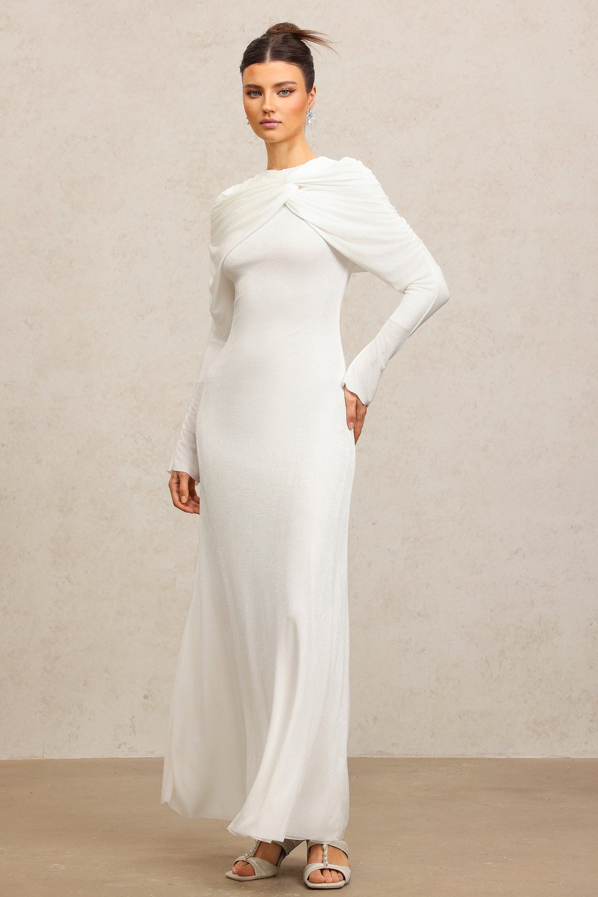 Claire White Elegant Fashion Dress with Round Neckline and Asymmetric Folds