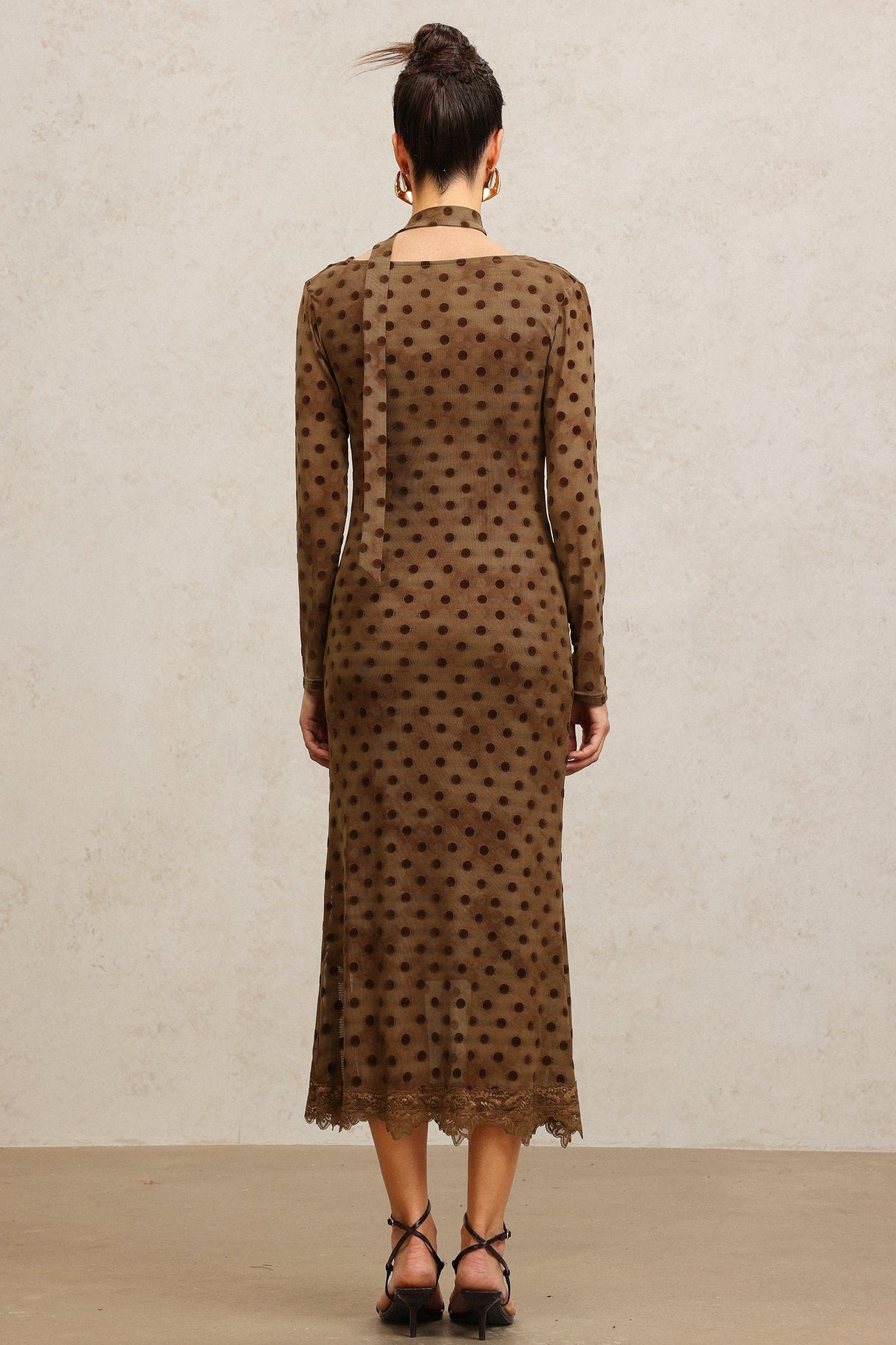 Clara Brown Polka Dot Cowl Neck Dress with Streamer Detailing