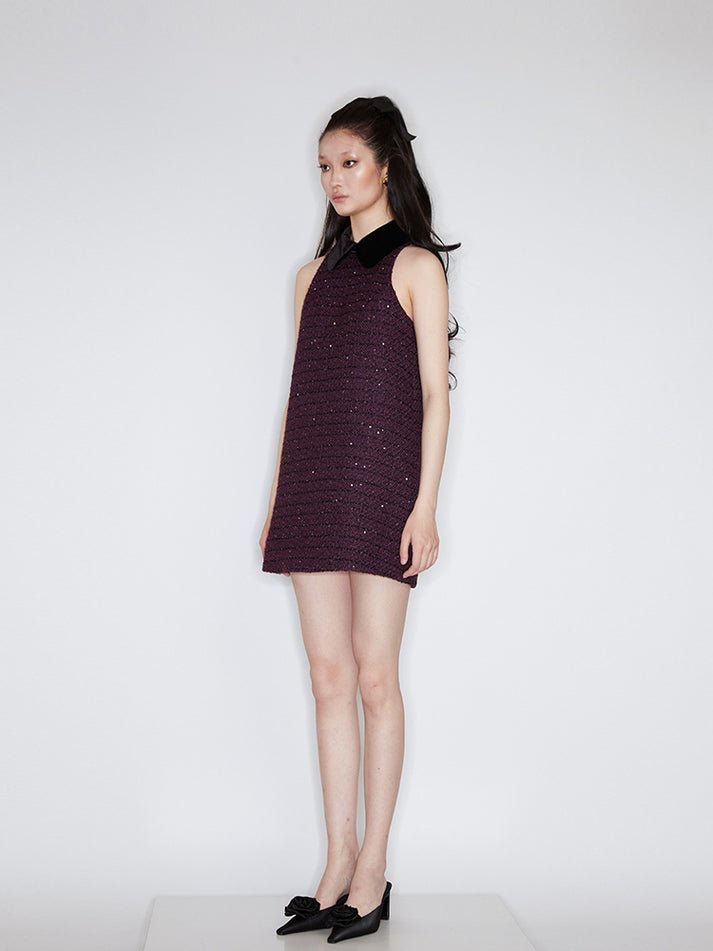 Clara Dress - Sleeveless A - Line Silhouette - Velvet Collar - Shimmering Details - Relaxed Fit