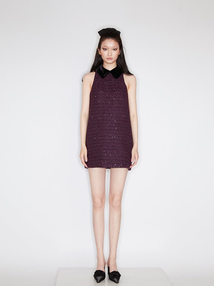 Clara Dress - Sleeveless A - Line Silhouette - Velvet Collar - Shimmering Details - Relaxed Fit