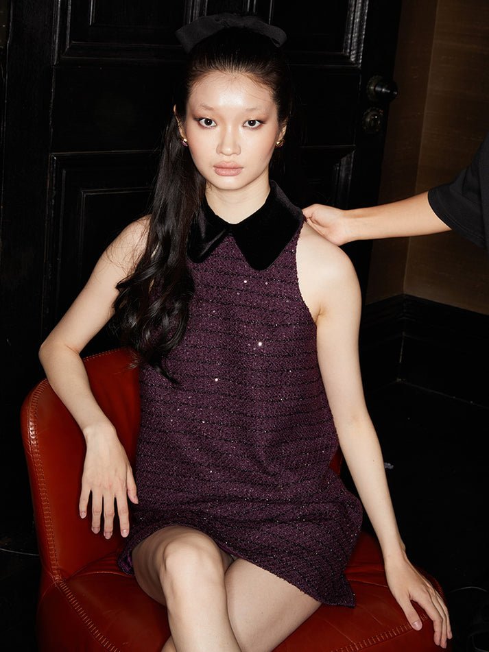 Clara Dress - Sleeveless A - Line Silhouette - Velvet Collar - Shimmering Details - Relaxed Fit