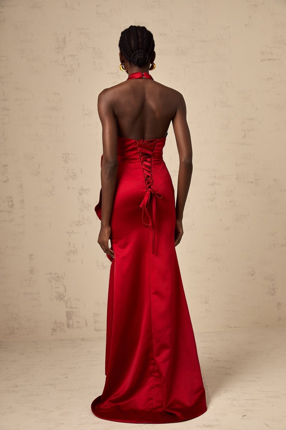 Clara Maxi Dress - Halterneck Design - Open Back - Satin Finish - 3D Petal Ruffle Detailing