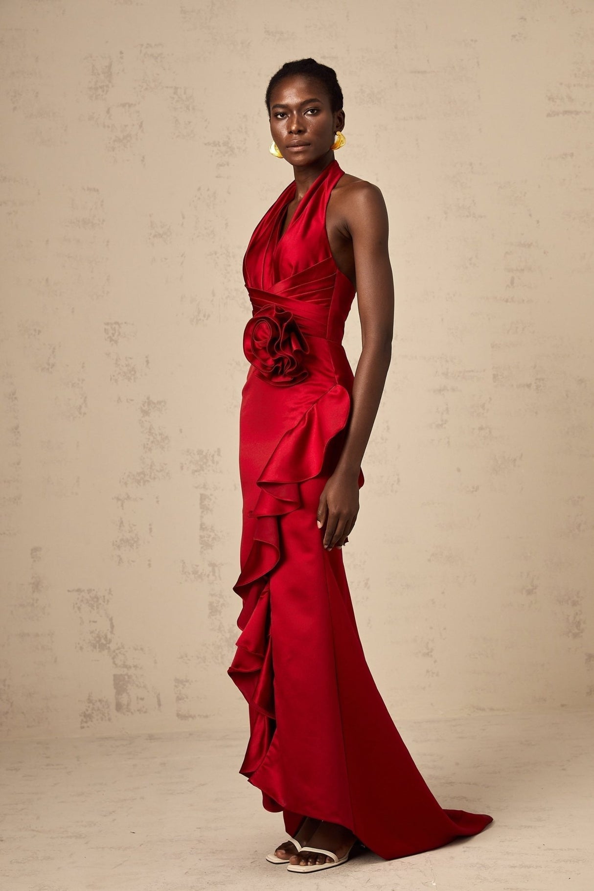 Clara Maxi Dress - Halterneck Design - Open Back - Satin Finish - 3D Petal Ruffle Detailing