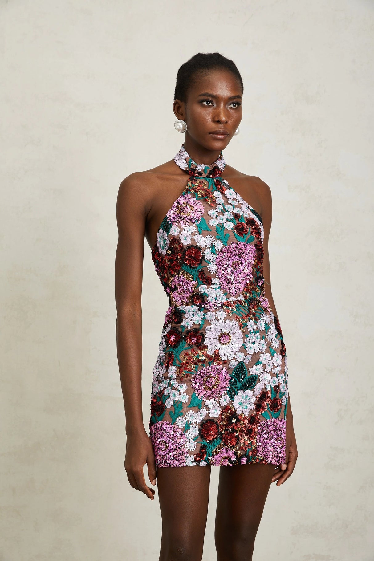 Clara Purple Sequined Floral Embroidered Mini Dress