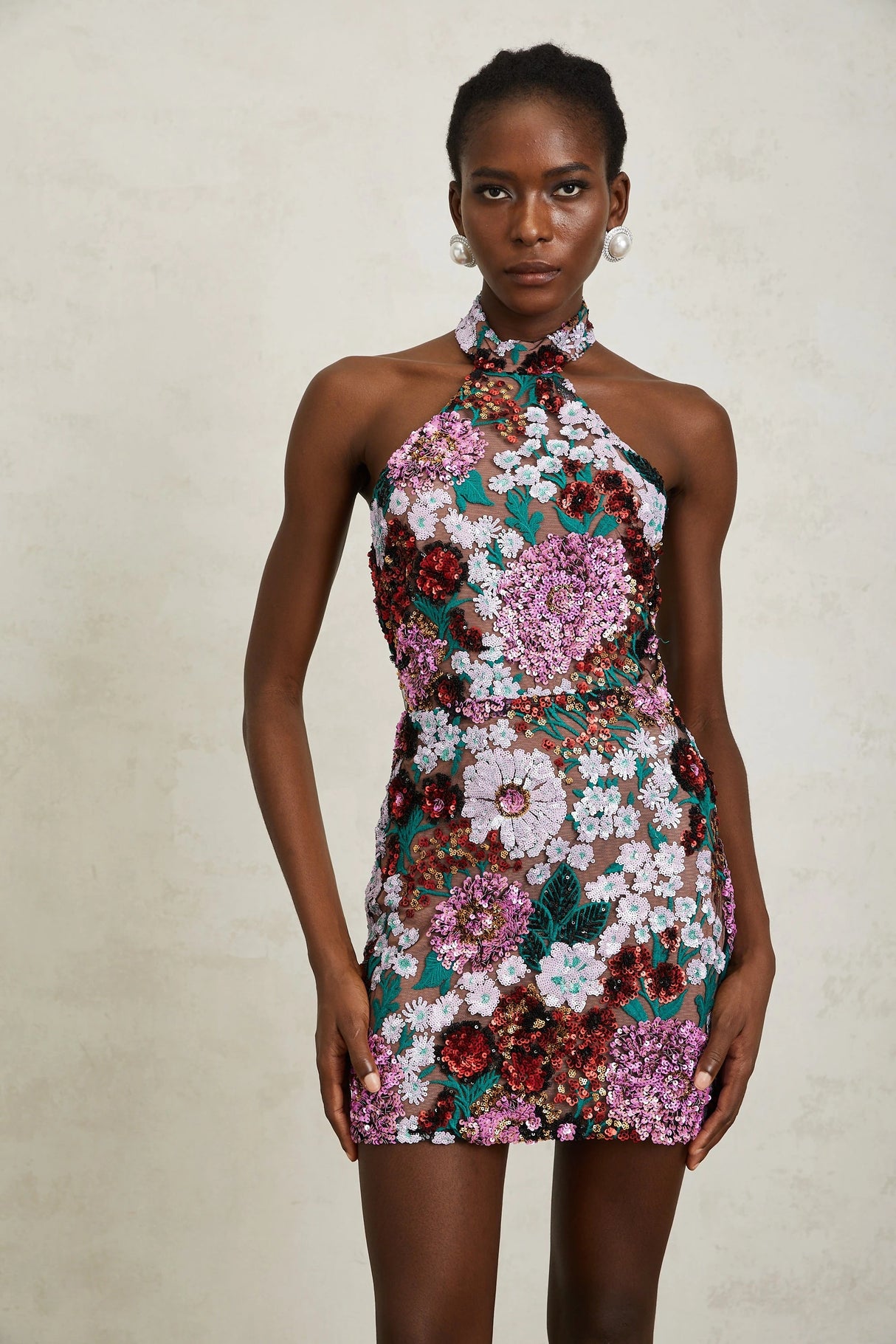 Clara Purple Sequined Floral Embroidered Mini Dress