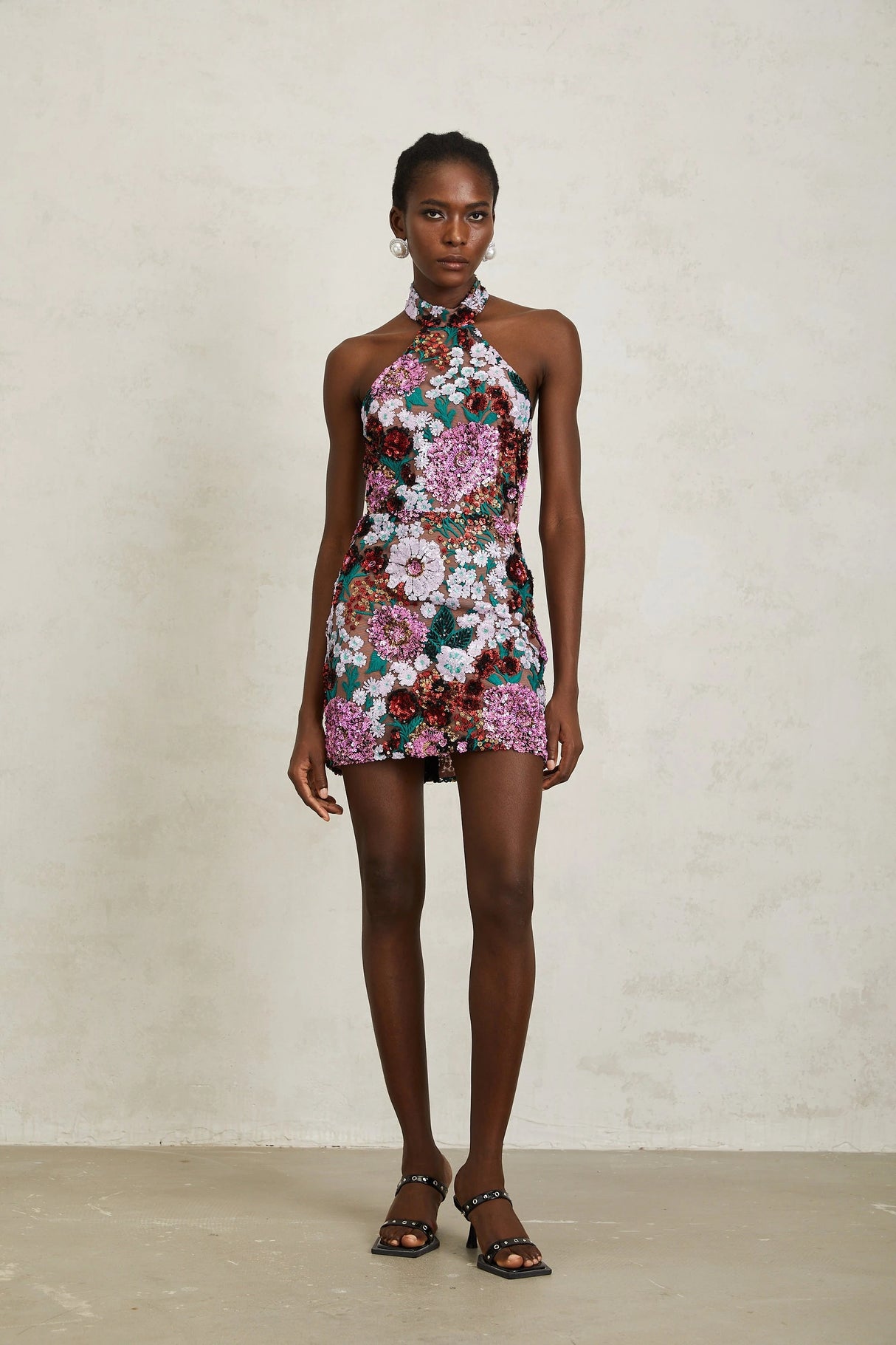 Clara Purple Sequined Floral Embroidered Mini Dress