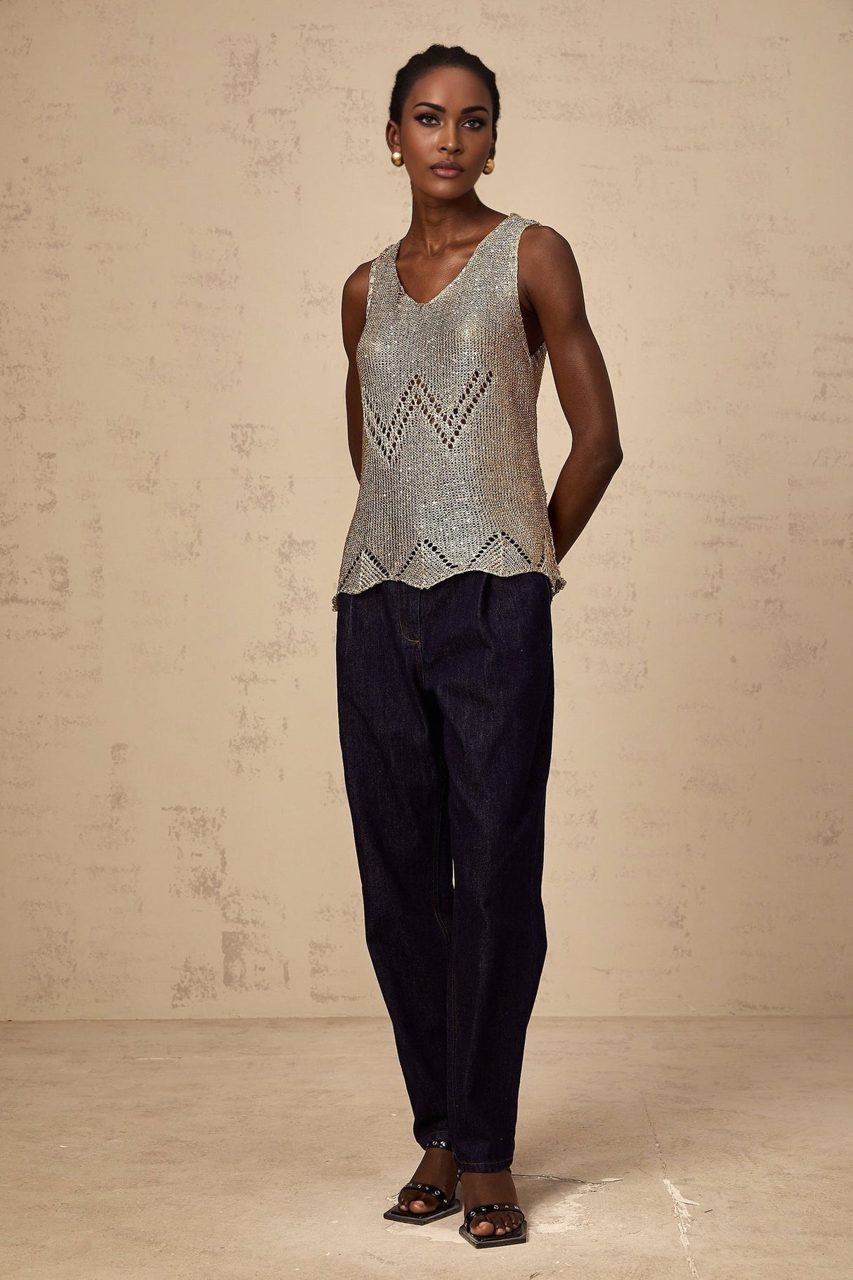 Clara Vest Top - Crochet Knit - V - Neck - Sequin Embellishment - Scallop Hem