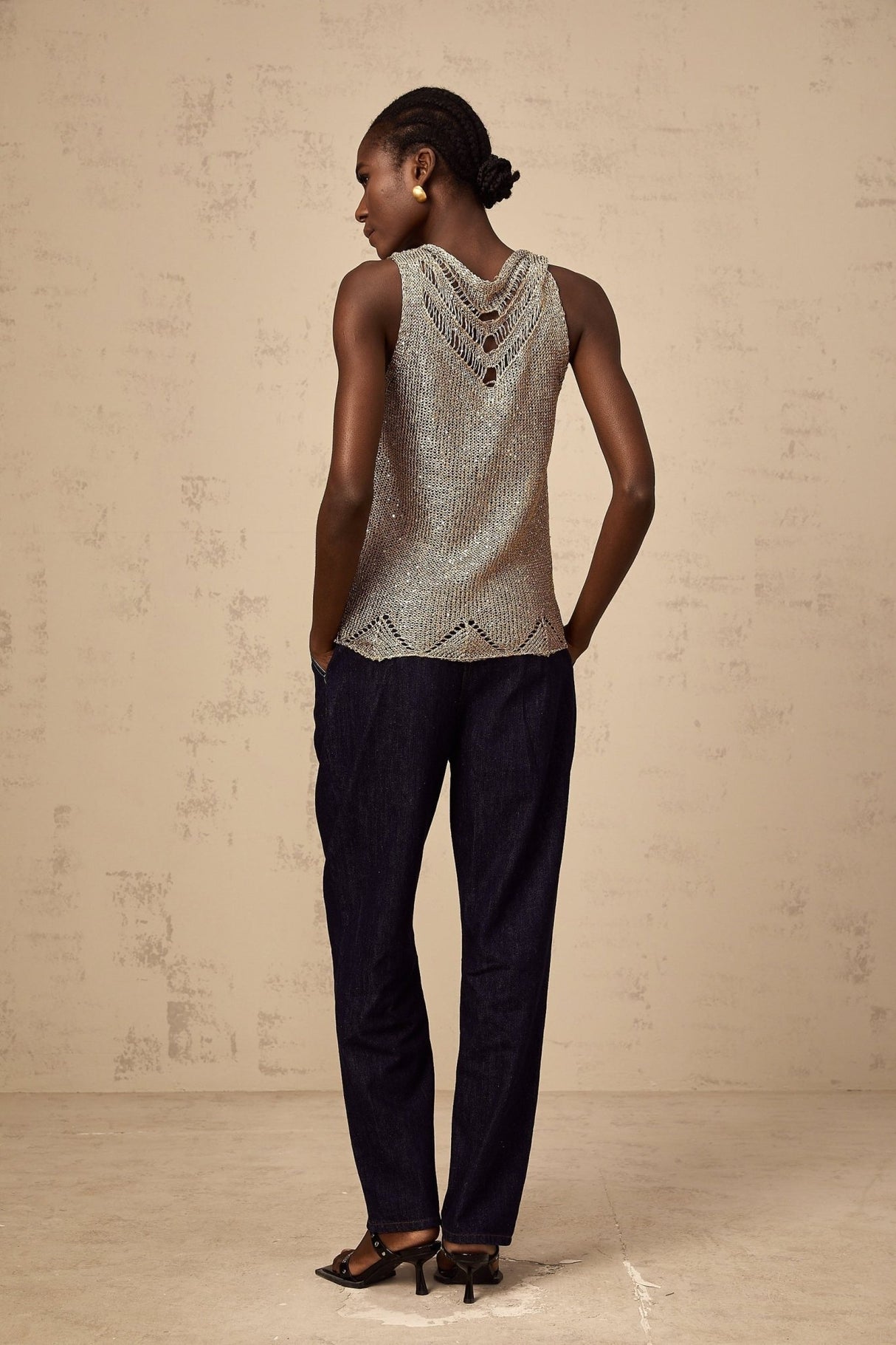 Clara Vest Top - Crochet Knit - V - Neck - Sequin Embellishment - Scallop Hem