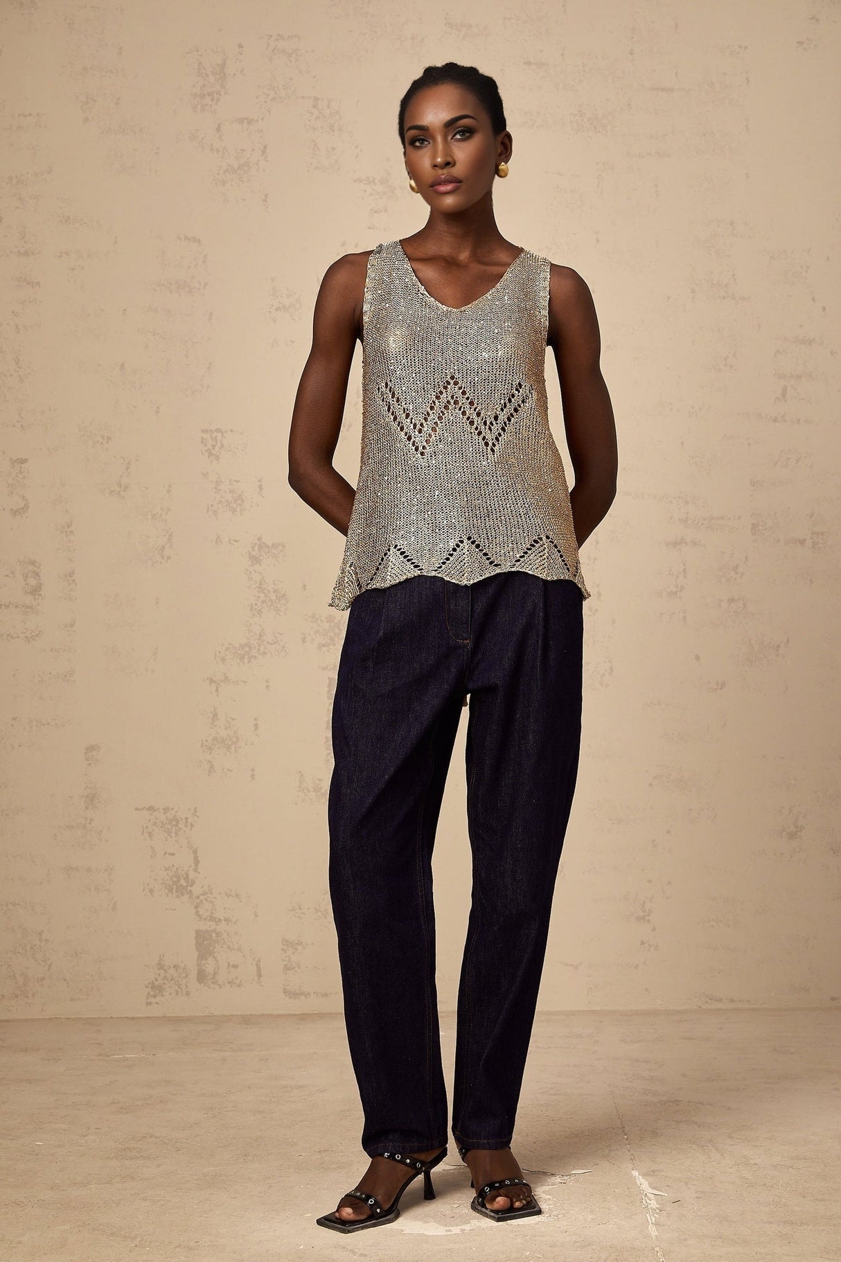 Clara Vest Top - Crochet Knit - V - Neck - Sequin Embellishment - Scallop Hem