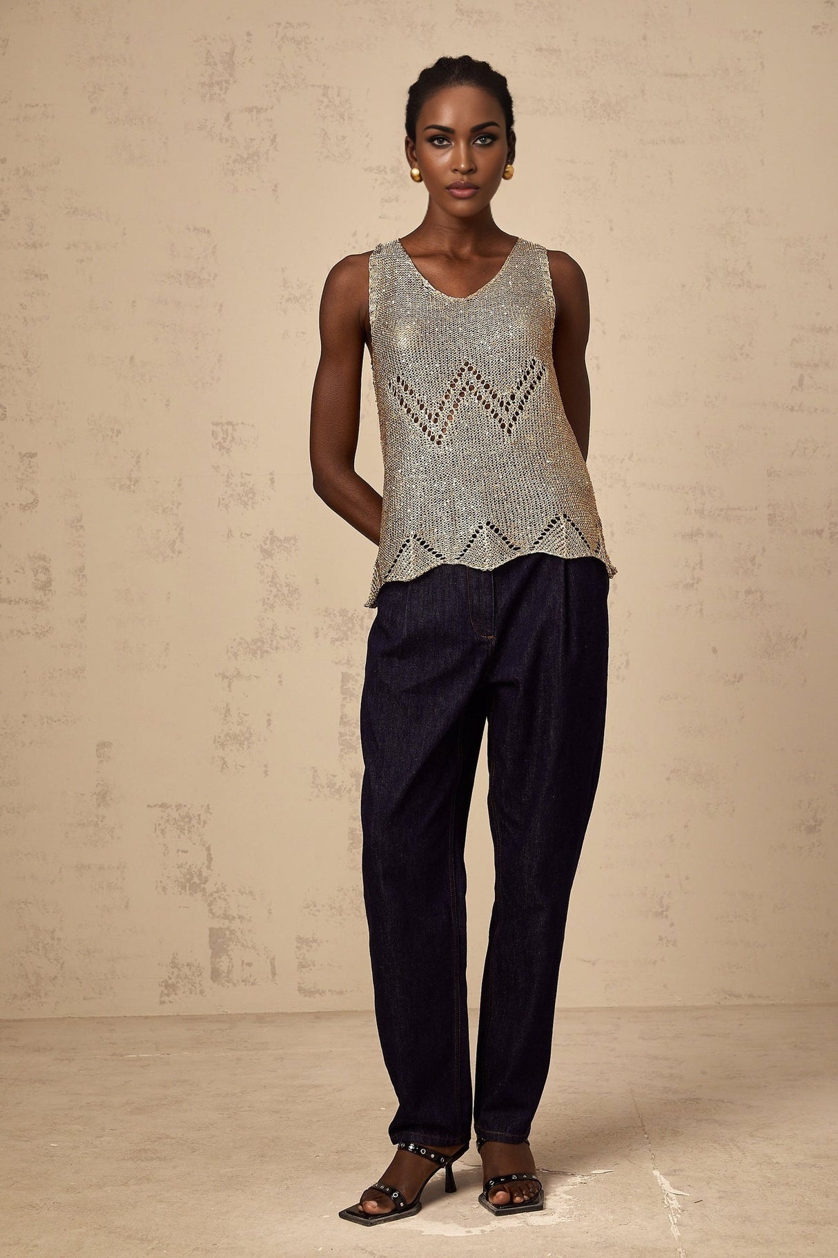 Clara Vest Top - Crochet Knit - V - Neck - Sequin Embellishment - Scallop Hem