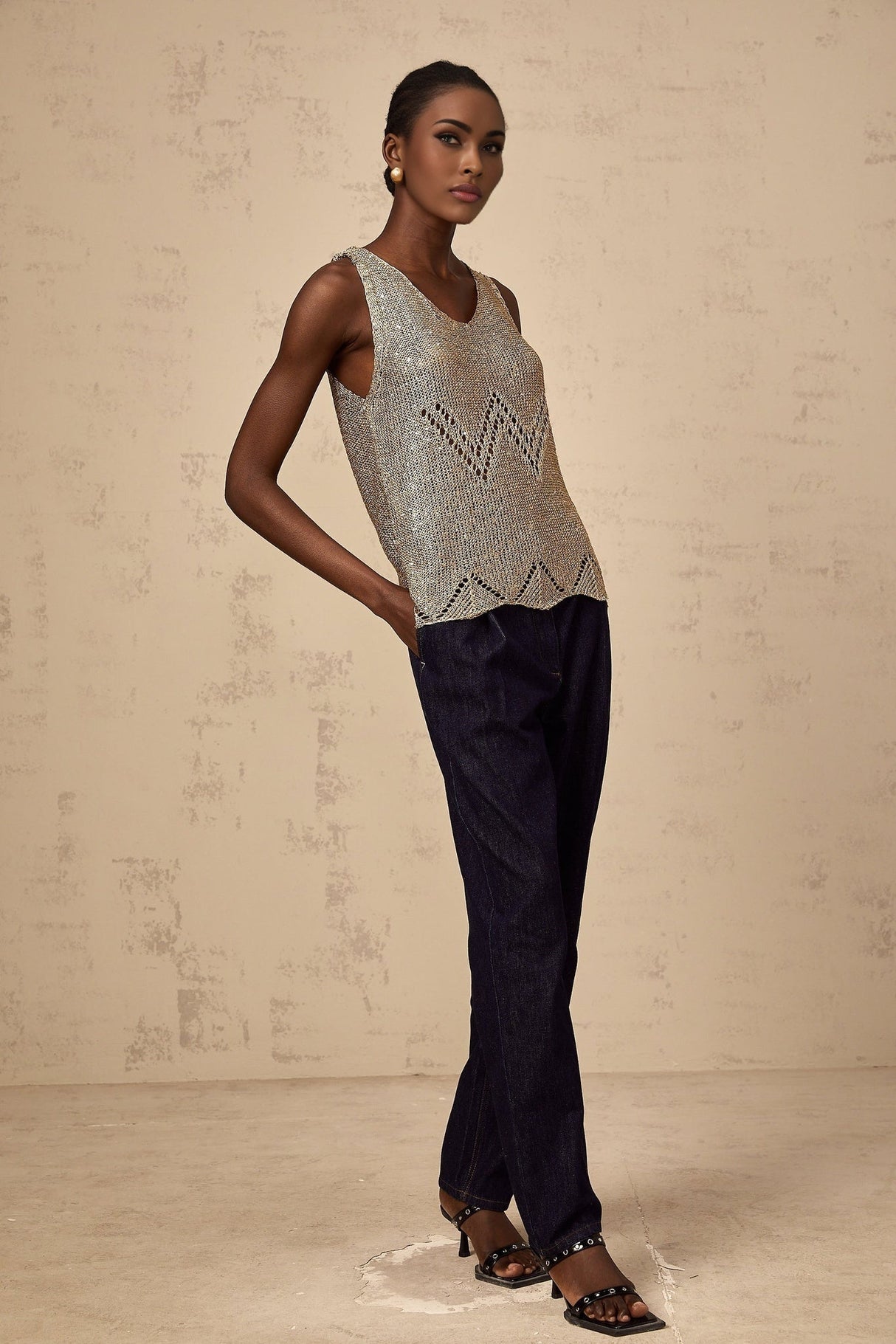 Clara Vest Top - Crochet Knit - V - Neck - Sequin Embellishment - Scallop Hem